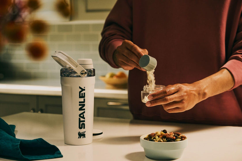 STANLEY Vitalize Shaker Bottle 20 oz | Leakproof Insulated Stainless Steel Shaker Cup | Base Storage and Twist On Fast Flow Lid | Protein Shakes and Pre Workout Powder | BPA-Free | Dried Pine 🍁 All In One Marketplace Canada
