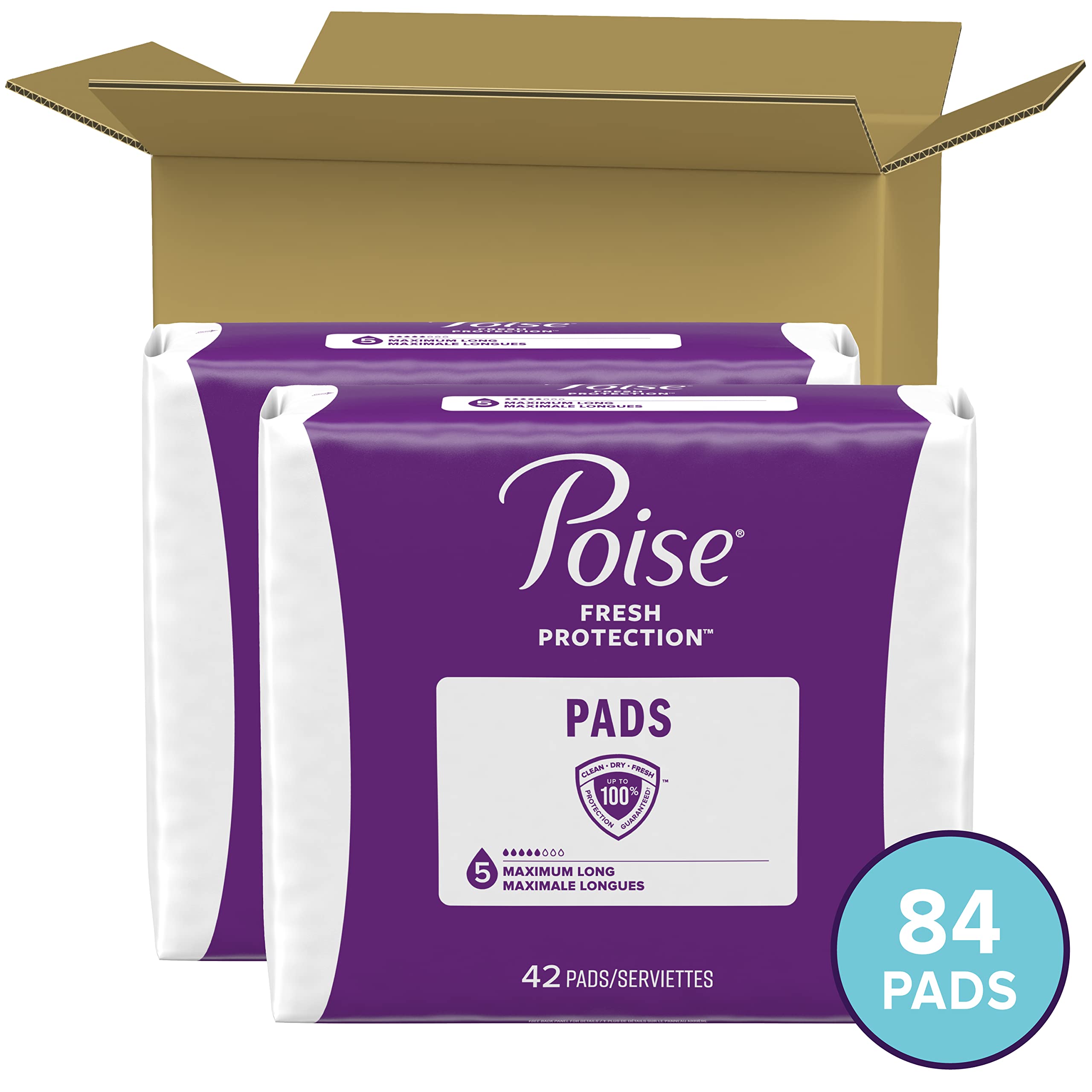 Poise Incontinence Pads for Women, Maximum Absorbency, Long, 84 Count (2 Packs of 42) (Packaging May Vary) 🍁 All In One Marketplace Canada