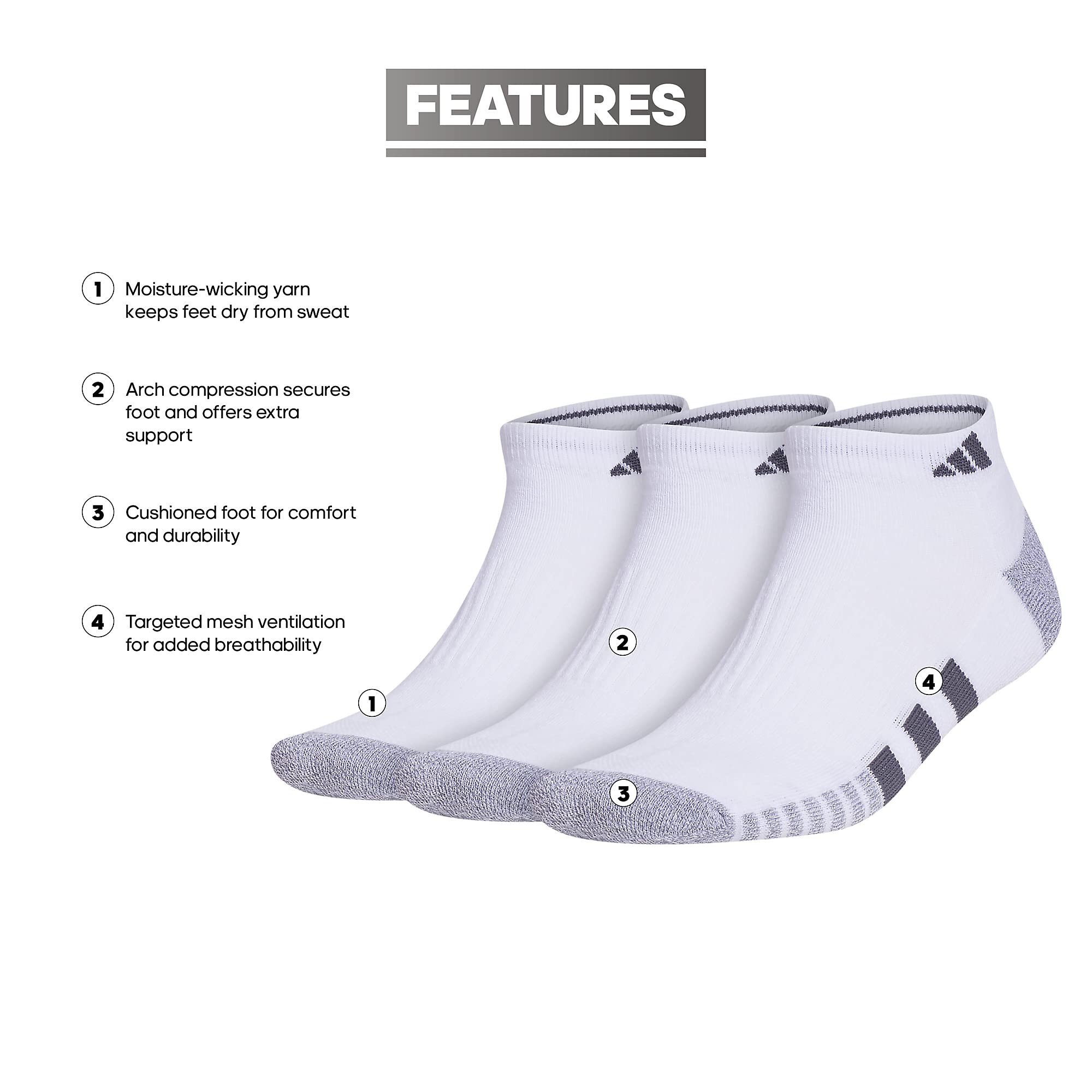 adidas Men's Cushioned 3-Pack Low-Cut Socks, White/Grey/Black, Large 🍁 All In One Marketplace Canada