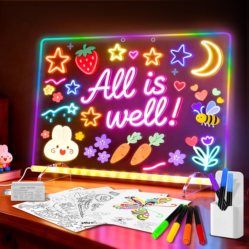 13.7x10 LumiBoard LED Drawing Board for Kids with 13 Light Effect,Acrylic Dry Erase Board Doodle Glow Board for Kids,Glow Art Drawing Gift for Girls Teens(7 Markers+Adaper 🍁 All In One Marketplace Canada
