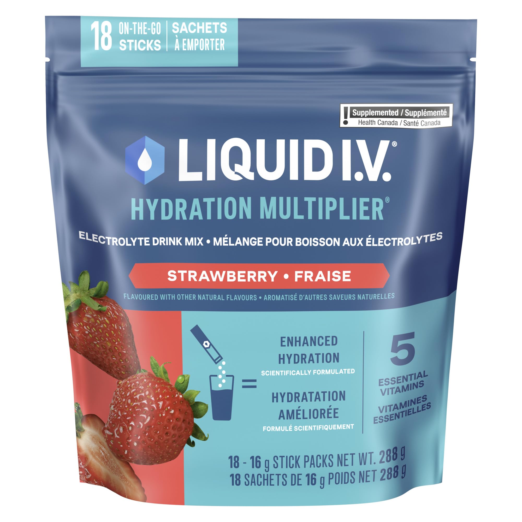 Liquid I.V. Hydration Multiplier Electrolyte Drink Mix - Enhanced Hydration Electrolyte Powder with Vitamins B3, B5, B6, B12 and C -18x On-the-go Sticks for Workout and Travel - Strawberry 🍁 All In One Marketplace Canada