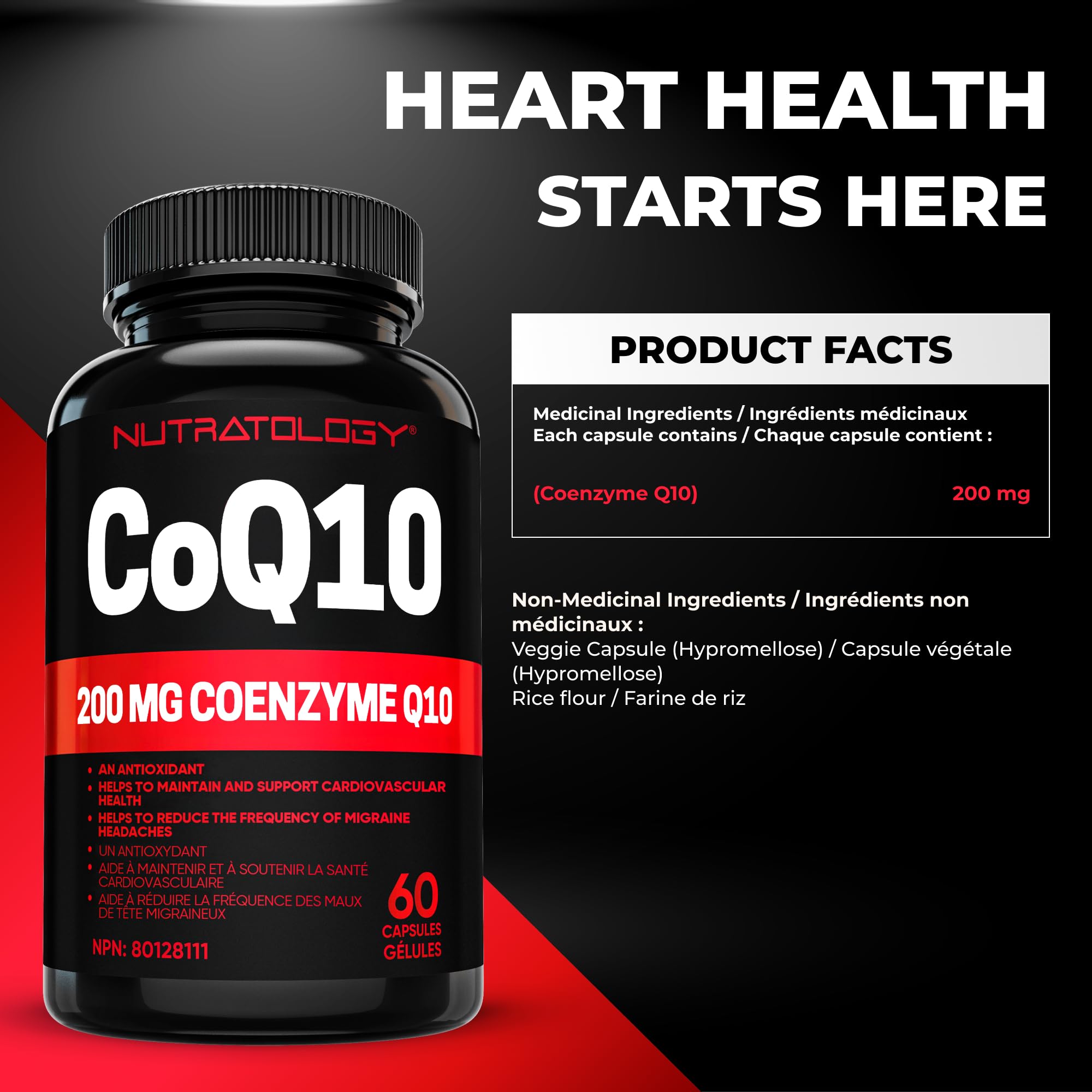 Nutratology® Coenzyme Q10 (CoQ10) 200MG - Cardiovascular Health Support - Antioxidant for Heart Health - Helps Reduce the Frequency of Migraines - CoQ10 Supplement - 60 Capsules 🍁 All In One Marketplace Canada