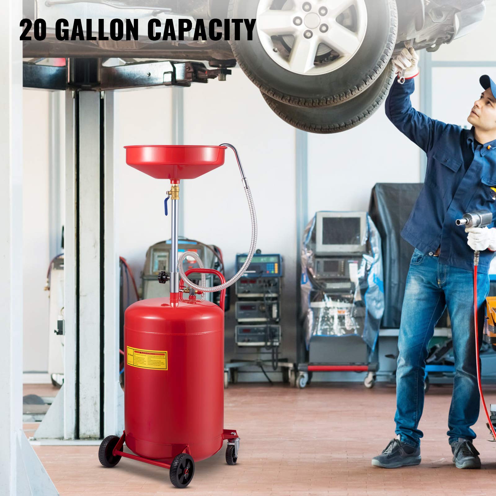 VEVOR Waste Oil Drain Tank 20 Gallon Portable Oil Drain Air Operated Drainer Oil Change, Oil Drain Container, Fluid Fuel Transfer Drainage Adjustable Funnel Height, with Wheel For Easy Oil Removal 🍁 All In One Marketplace Canada