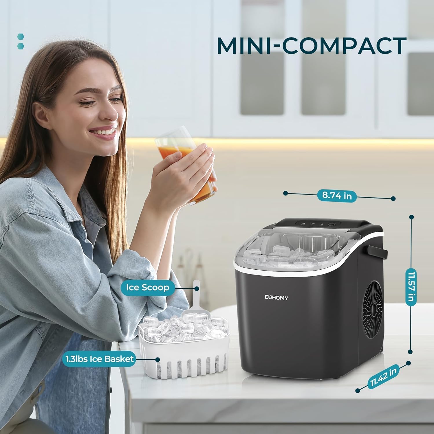 EUHOMY Countertop Ice Maker Machine with Handle, 26.4lbs Per Day, 9 Ice Cubes Ready in 6 Mins, Auto-Cleaning Portable Ice Maker with Basket and Scoop, for Home/Kitchen/Camping/RV (Black) 🍁 All In One Marketplace Canada