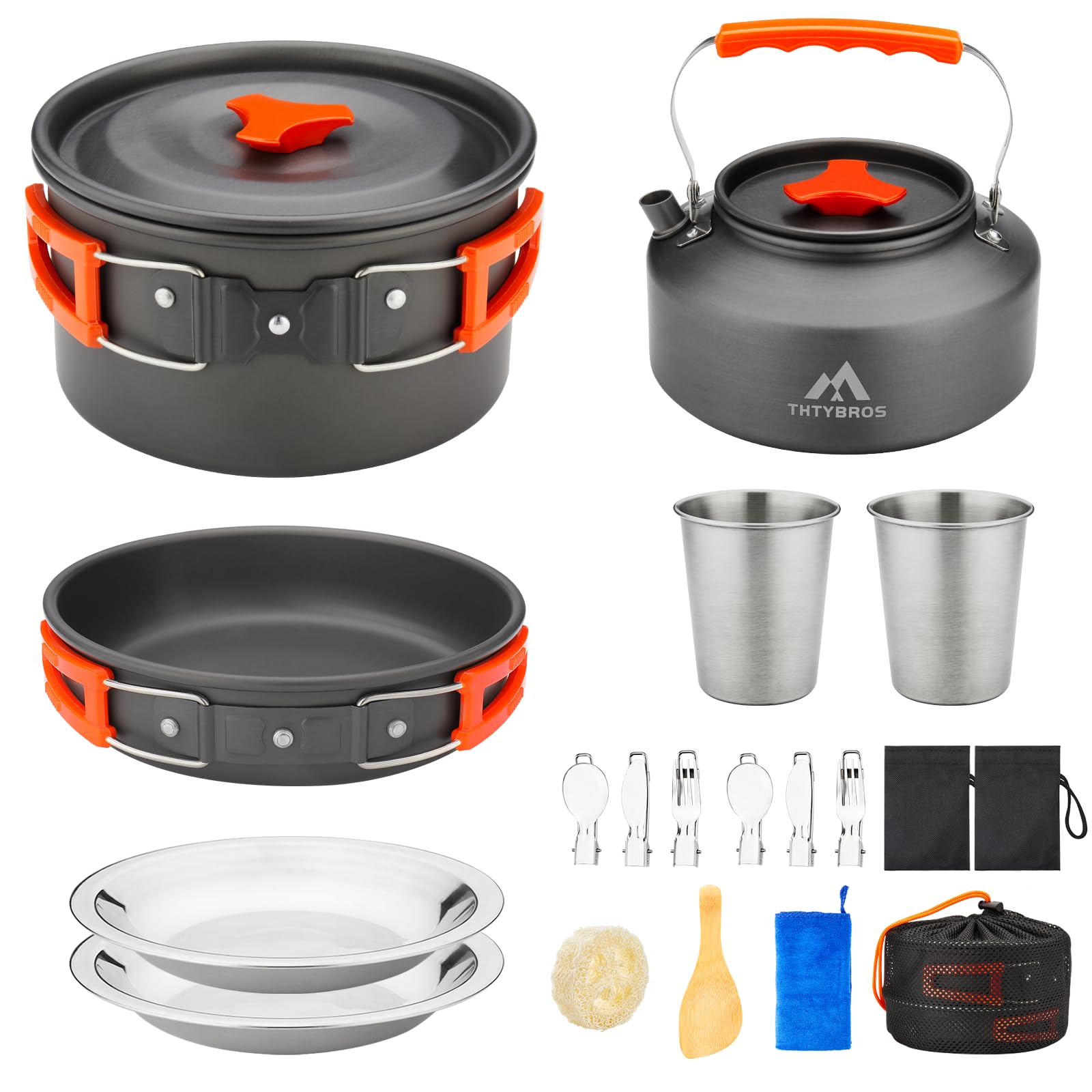 THTYBROS 17pcs Camping Cookware Kit, 0.45Gal Pot, 7inches Pan,0.30Gal Kettle Set with 2 Set Stainless Steel Cups Plates Forks Knives Spoons for Hiking,Camping,Backpacking,Outdoor Cooking and Picnic 🍁 All In One Marketplace Canada