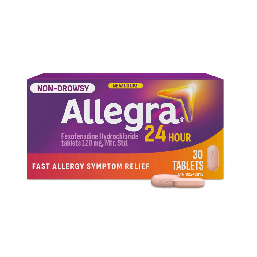 Allegra 24 Hour Allergy Medication, Non Drowsy, Fast and Effective Multi-Symptom Allergy Relief Medicine for Sneezing, Watery Eyes and Itchy Throat, Fexofenadine Hydrochloride 120 mg, 30 Tablets 🍁 All In One Marketplace Canada