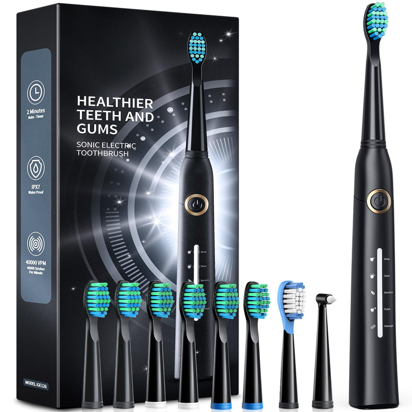 TEETHEORY Sonic Electric Toothbrushes for Adults and Kids, 8 Brush Heads Electric Toothbrush with 40000 VPM Deep Clean 5 Modes, Rechargeable Fast Charge 4 Hours Last 30 Days(Black) 🍁 All In One Marketplace Canada