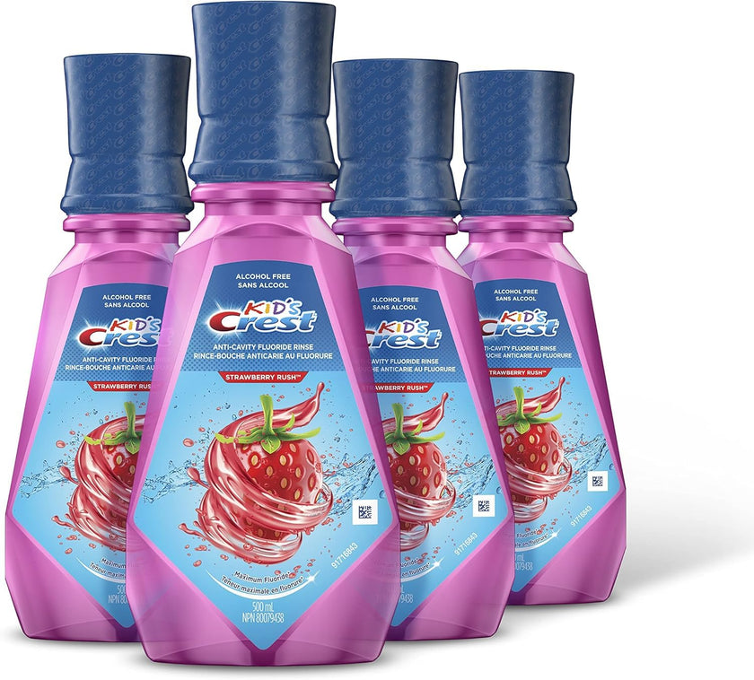Crest Kid's Anticavity Fluoride Mouthwash, Strawberry Rush, Alcohol-Free Mouthwash for Kids 6+ to Protect Against Cavities, 4X500mL 🍁 All In One Marketplace Canada