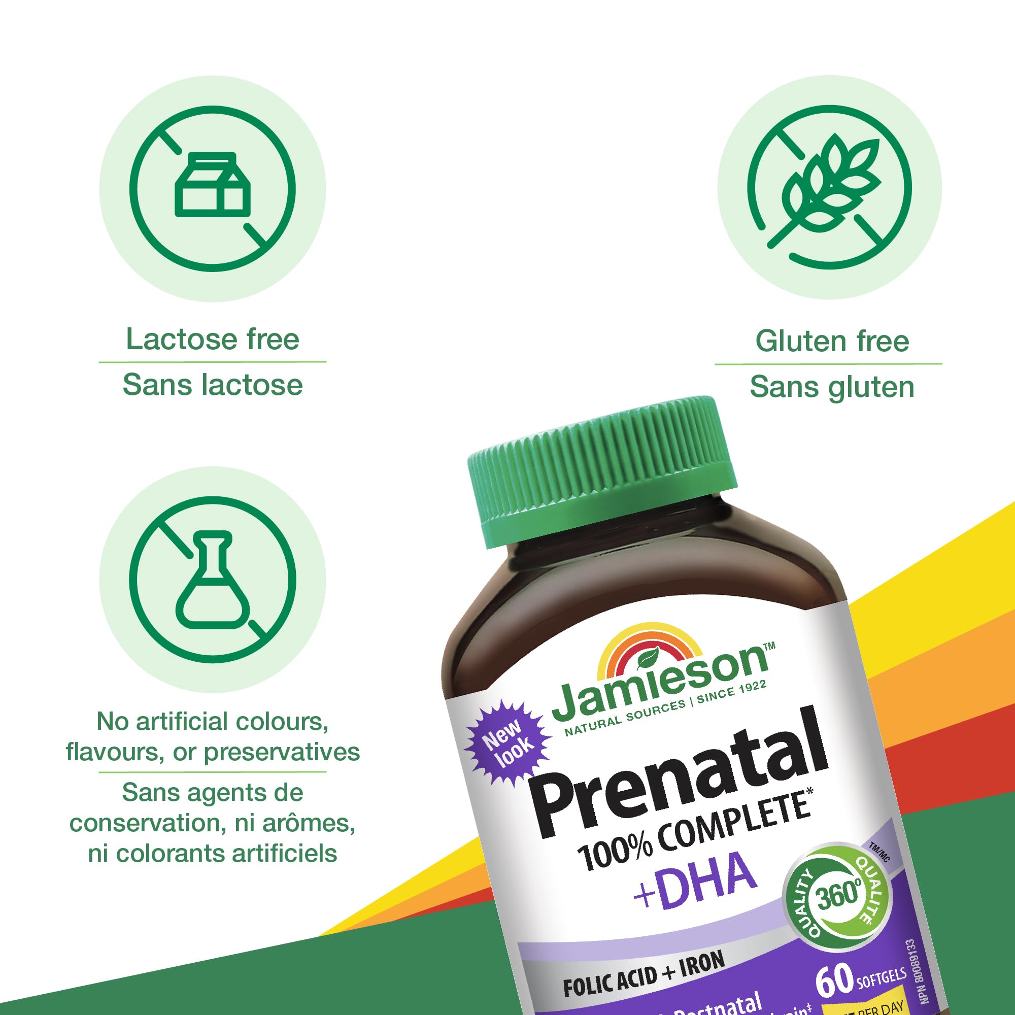 Jamieson Prenatal 100% Complete Multivitamin + DHA, with Folic Acid and Iron, 60 Softgels. For Prenatal, Postnatal and Breastfeeding, Supports Baby's Developing Brain, Gluten-Free, One Per Day 🍁 All In One Marketplace Canada