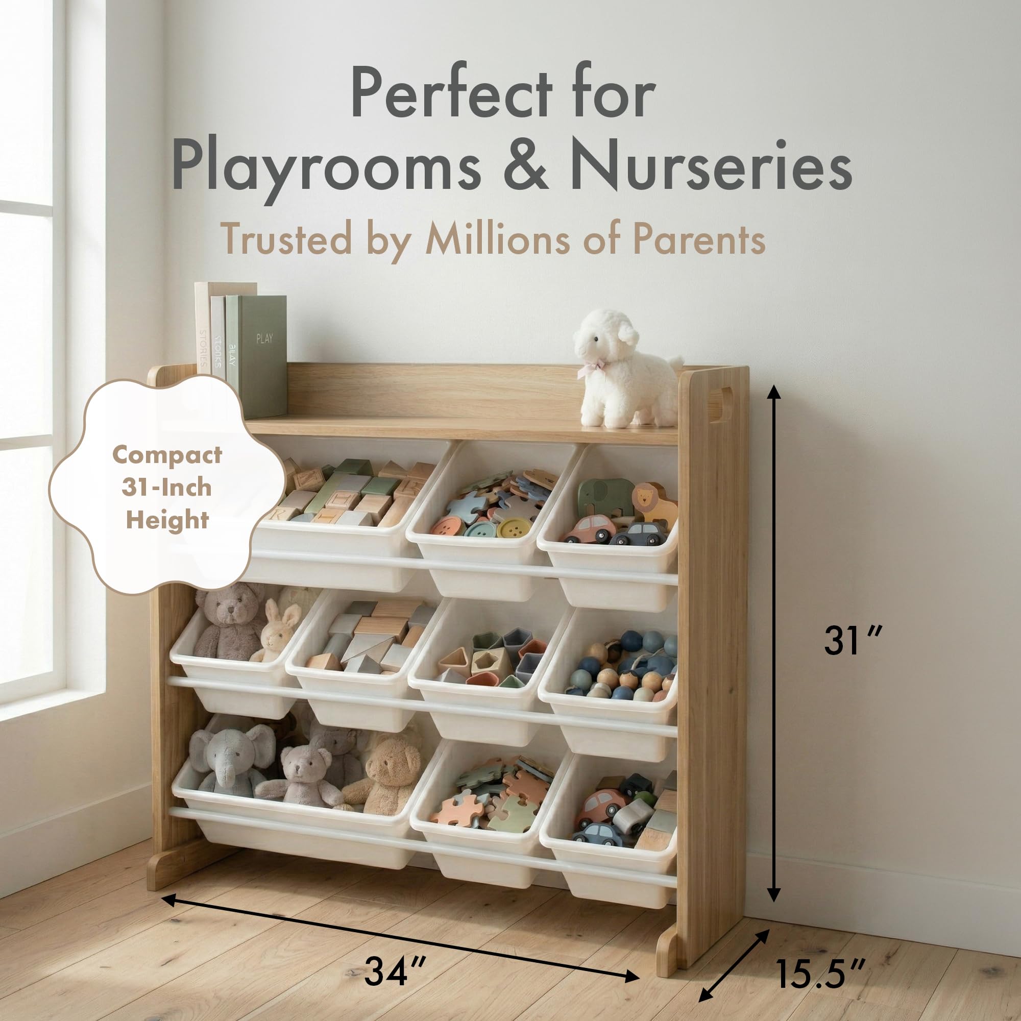 Humble Crew Toy Storage Organizer with Top Shelf and 9 Removable Bins, Natural/White – Toddler Bookshelf with Toy Organizer - Modern Toy Rack Ideal for Kids' Rooms, Playrooms, and Nurseries 🍁 All In One Marketplace Canada