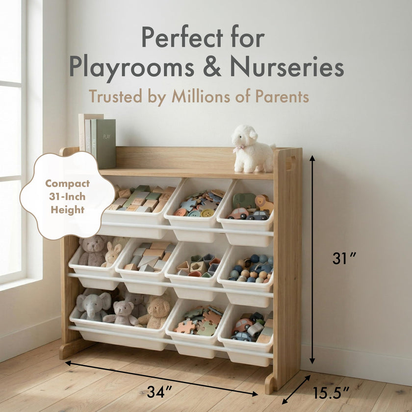 Humble Crew Toy Storage Organizer with Top Shelf and 9 Removable Bins, Natural/White – Toddler Bookshelf with Toy Organizer - Modern Toy Rack Ideal for Kids' Rooms, Playrooms, and Nurseries 🍁 All In One Marketplace Canada