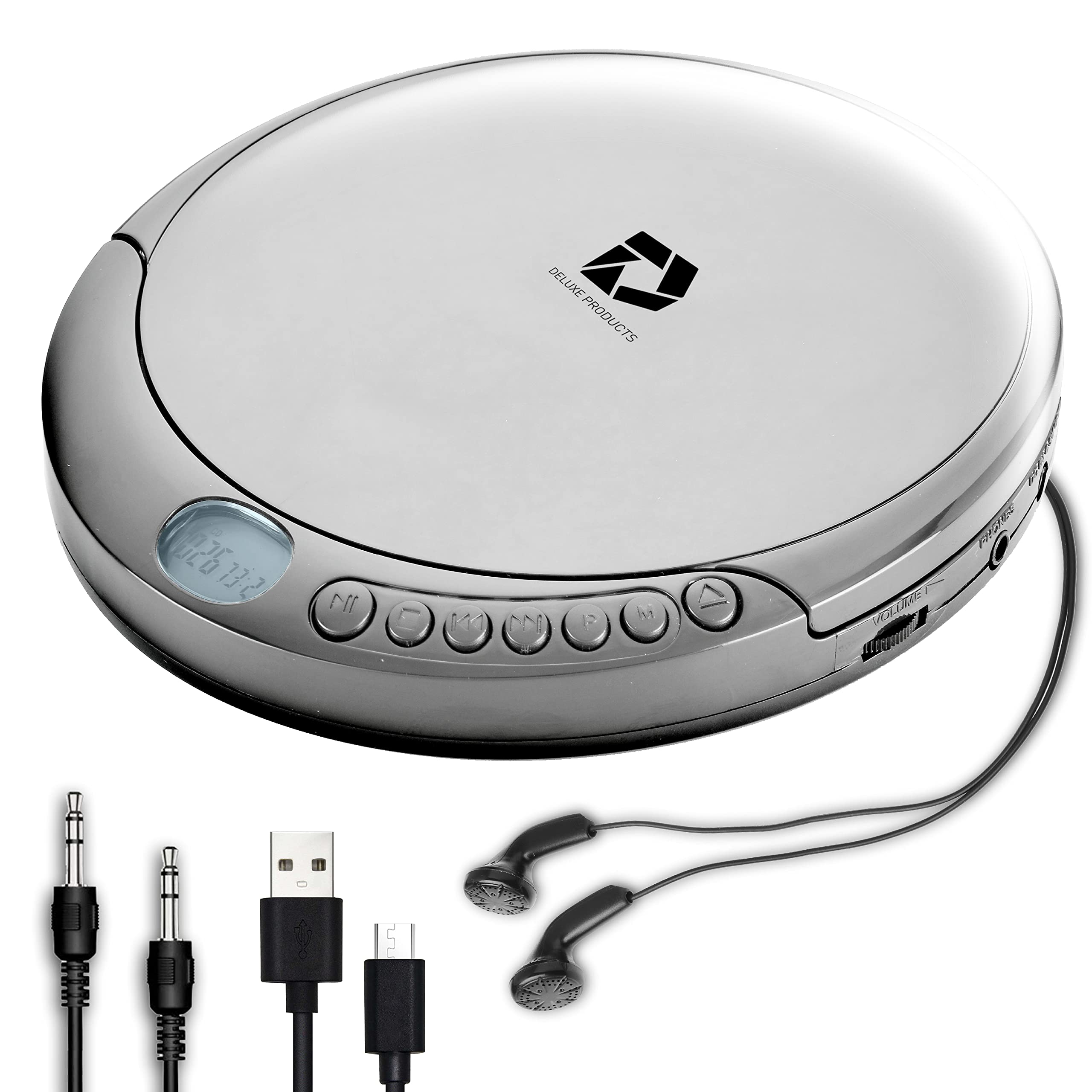 Deluxe Products CD Player Portable with 60 Second Anti Skip, Stereo Earbuds, Includes Aux in Cable and AC USB Power Cable for use at Home or in Car. Silver 🍁 All In One Marketplace Canada
