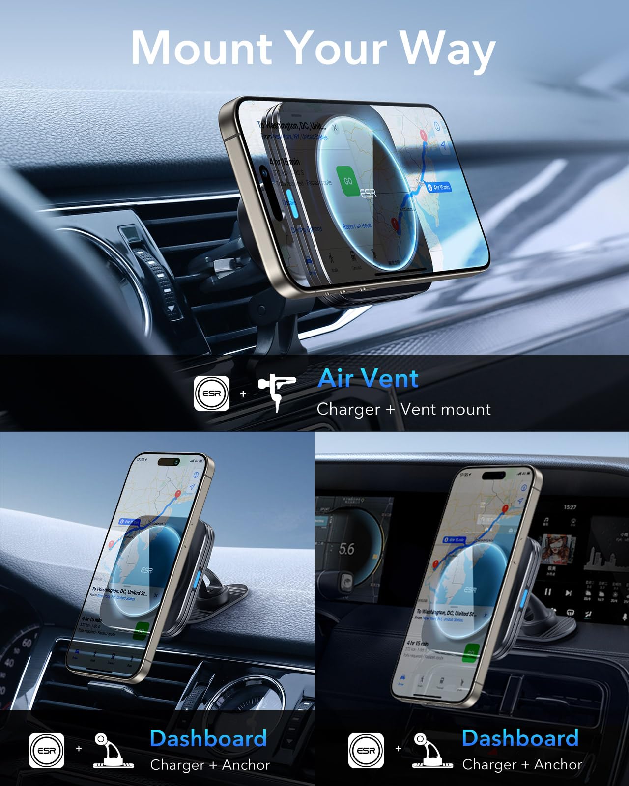 ESR 15W for MagSafe Car Mount Charger, Air Vent Dashboard Wireless Magnetic Phone Holder Chargerfor iPhone 17e Air 17 Pro Max 16 15 14 Plus 13 12 Mini, Galaxy S25/S26 Series for MagSafe Accessories 🍁 All In One Marketplace Canada