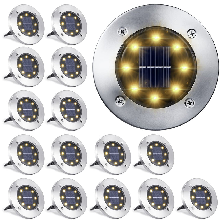 LYHOPE Solar Ground Lights Outdoor, 16 Pack 8 LED Solar Disk Lights Waterproof Garden In-ground Pathway Lights Landscape Lighting for Lawn,Yard,Deck,Patio,Walkway (Warm White) 🍁 All In One Marketplace Canada
