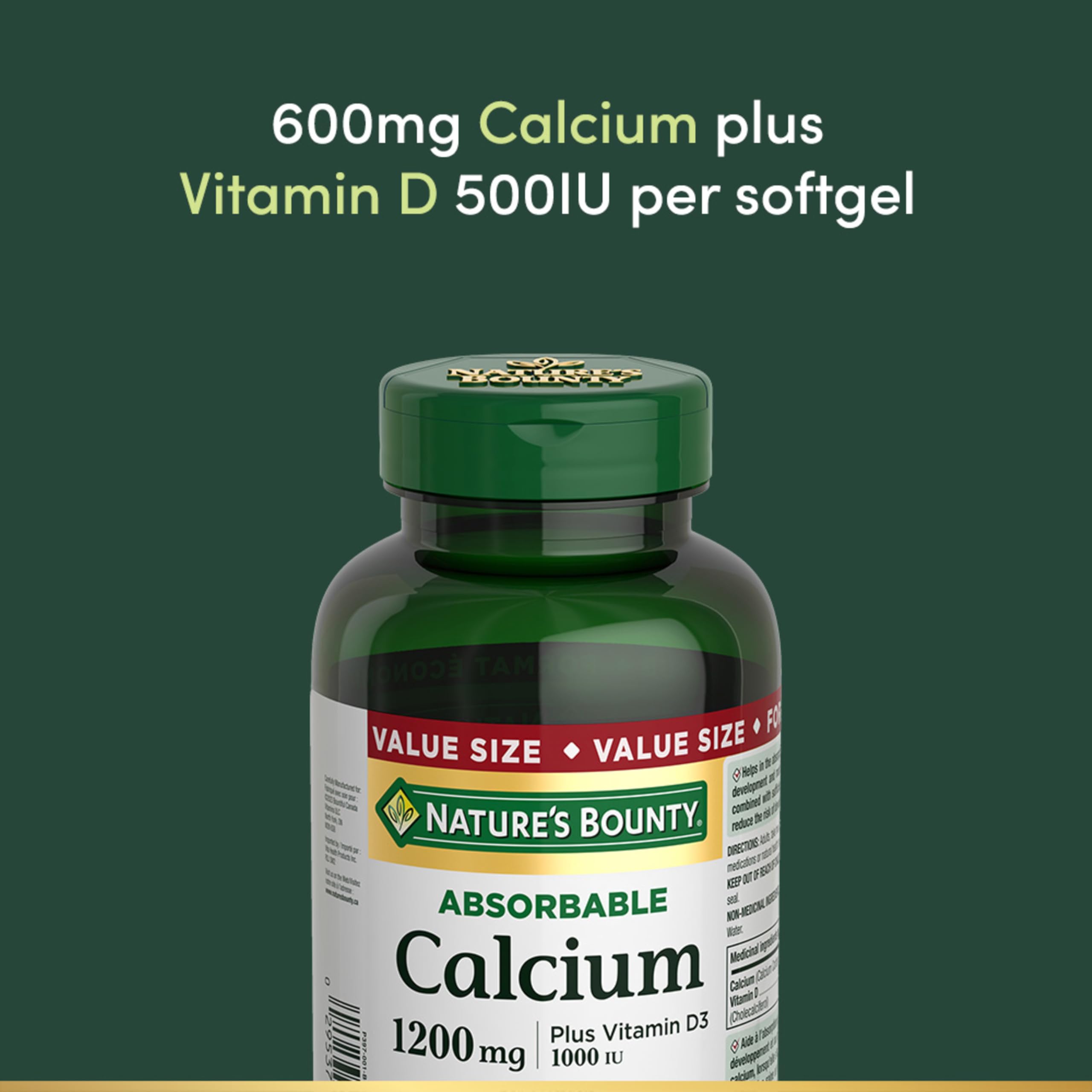 NATURE'S BOUNTY Calcium Plus Vitamin D3, Absorbable, 1200 mg, Helps Bones & Teeth, Softgels, 535 g 🍁 All In One Marketplace Canada