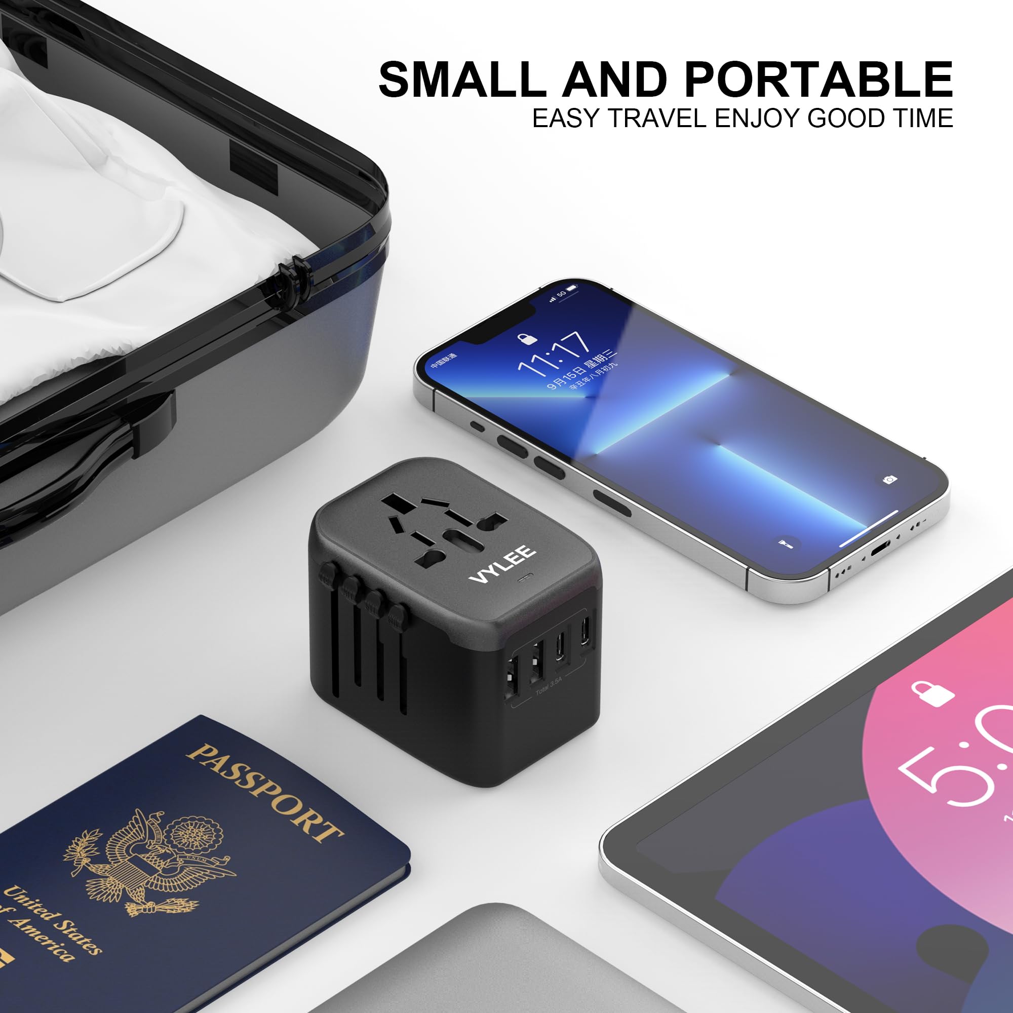 VYLEE Universal International Power Travel Plug Adapter, 5 in 1 European Travel Plug Adapter W/ 3.5A 2xUSB-A and 2xUSB C Wall Charger and Worldwide AC Outlet for Europe USA UK AUS Asia (Black Grey) 🍁 All In One Marketplace Canada