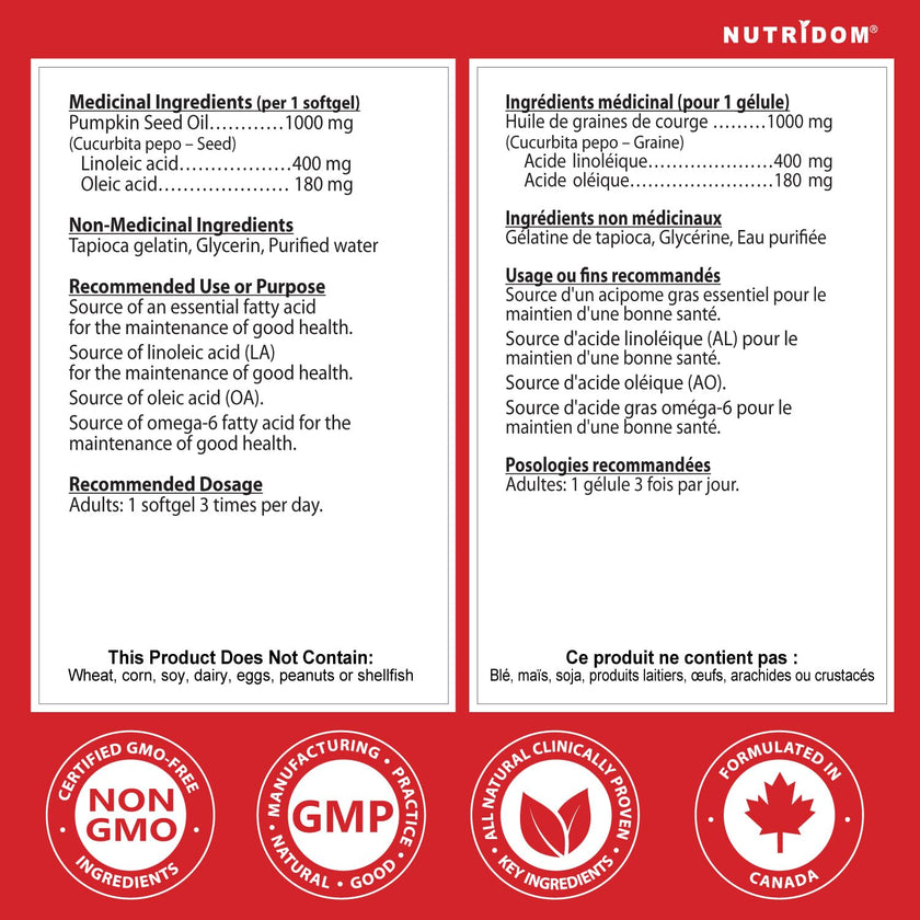 Nutridom Pumpkin Seed Oil Capsules 1000 mg, 90 Veggie Softgels, Cold-Pressed, Essential Fatty Acids, Linoleic & Oleic Acid, Vegan, Non-GMO, Gluten Free, Soy Free, Made in Canada 🍁 All In One Marketplace Canada