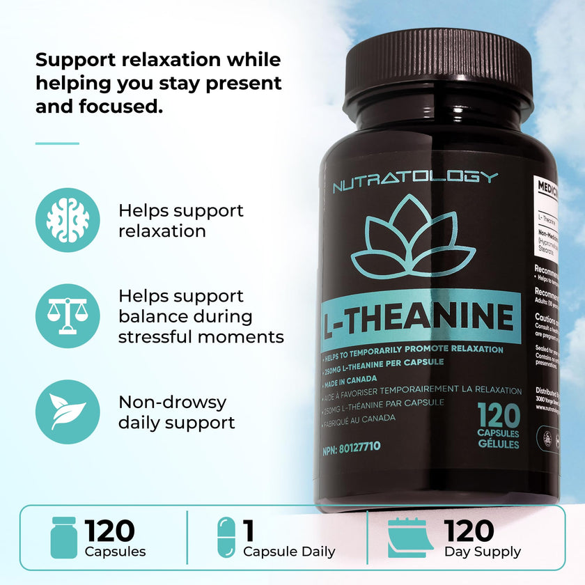 Nutratology® L-Theanine 250MG Capsules | Canadian-Made | For Stress Management | Promotes Relaxation & Calmness Without Drowsiness - L-Theanine Supplement for Stress Relief | 120 Capsules 🍁 All In One Marketplace Canada