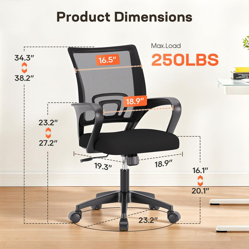 BestOffice | Ergonomic Office Chair | Mid-Back Swivel Desk Chair | Breathable Backrest & Lumbar Support | Adjustable Height | Sponge Seat | Rolling Wheels | Dark Black | for Adults & Women 🍁 All In One Marketplace Canada
