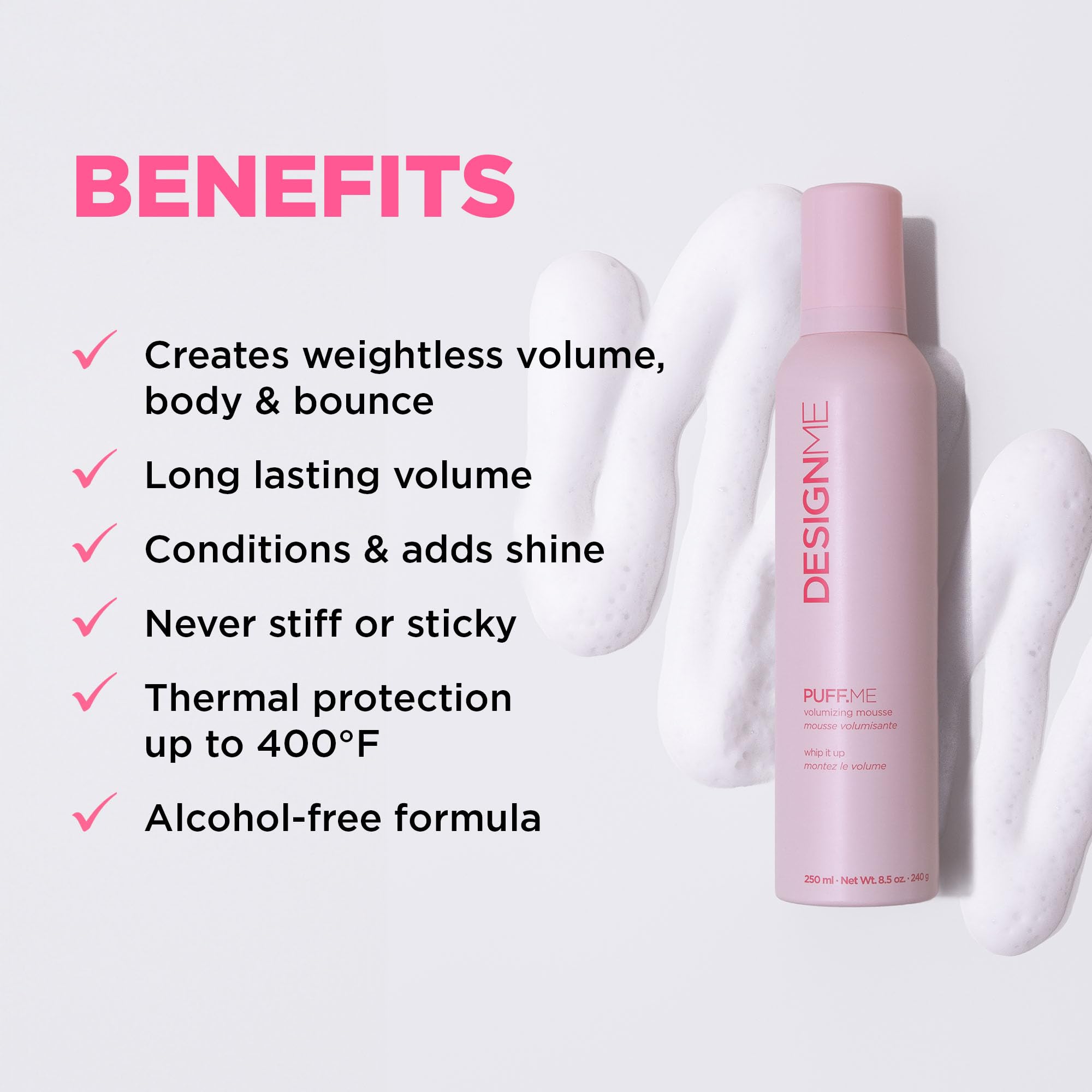 DESIGNME PUFF.ME Hair Mousse | Volumizing Mousse, Flexible Hold, Adds Body & Bounce | Heat Protection | Without Paraben, Sulfate & Alchohol | Volumizer for Fine Hair | Color Safe 🍁 All In One Marketplace Canada