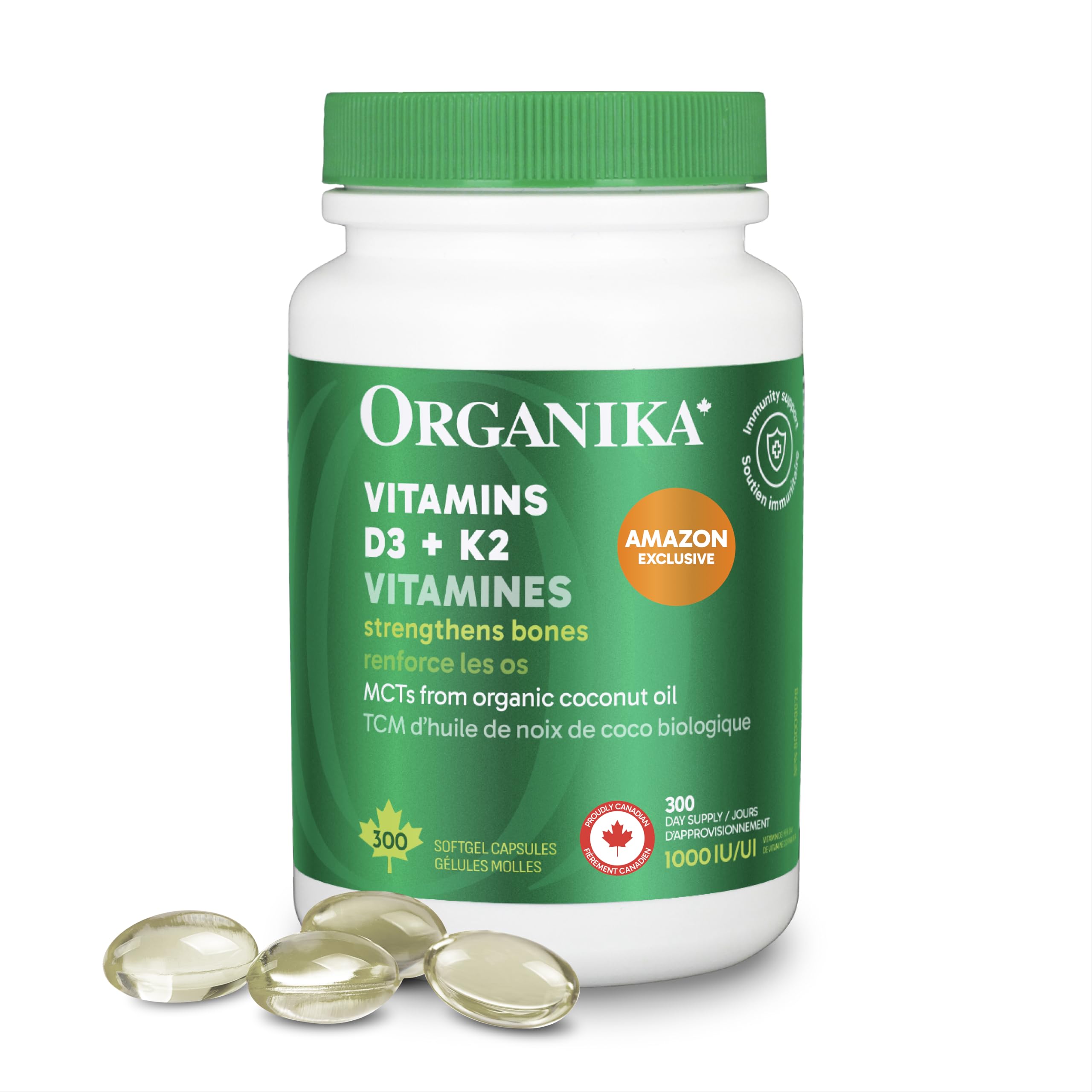 Organika Vitamin D3 + K2 (MK7)- 1000IU D3 and 120mcg K2 per capsule- High Potency, Supports Healthy Immune Function and Bones + Teeth- 300sftgl 🍁 All In One Marketplace Canada