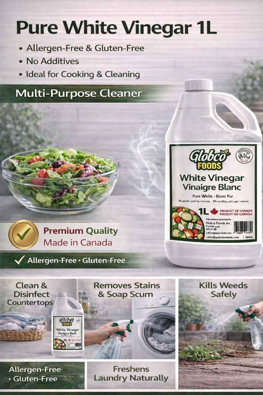 Globco Foods Pure White Vinegar 1L - Allergen-Free & Gluten-Free - No Additives - Ideal for Cooking & Cleaning - Multi-Purpose Cleaner for Kitchen, Bathroom & Laundry - Premium Quality- Made in Canada 🍁 All In One Marketplace Canada