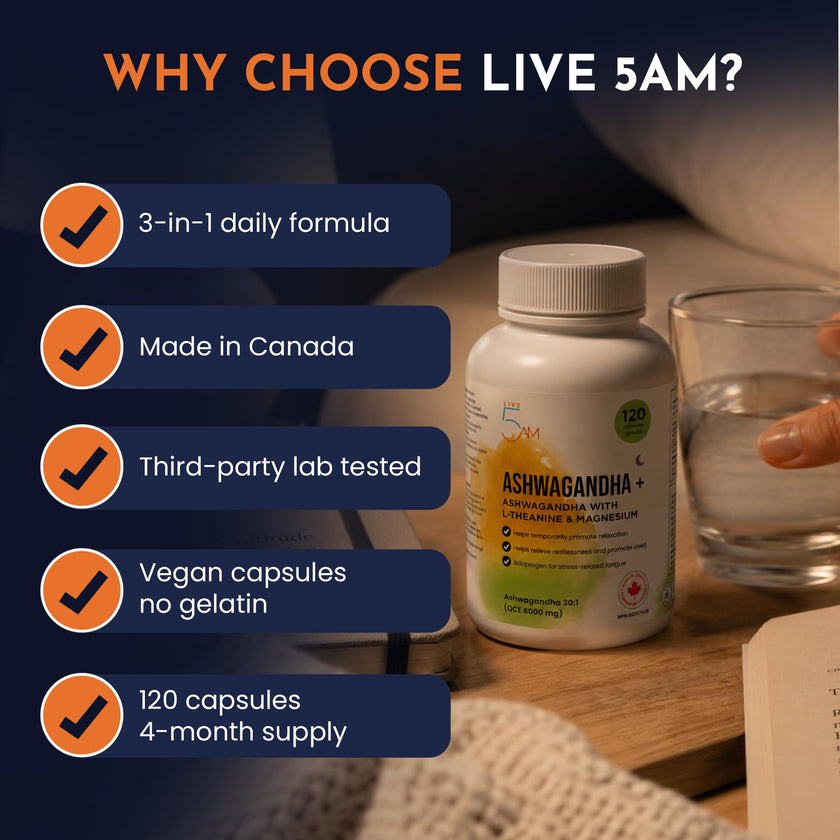 Live 5AM Ashwagandha 6000mg with L-Theanine 200mg, Magnesium Bisglycinate 75mg & Black Pepper Extract - Relaxation, Stress & Restlessness Support - 4 Month Supply, 120 Capsules - Made in Canada 🍁 All In One Marketplace Canada