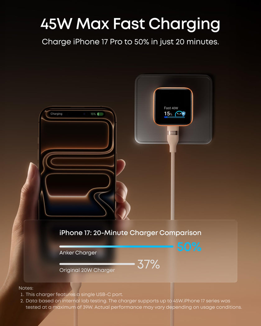 Anker Nano USB C Charger,45W USB C Charger Block with Smart Display,180°Foldable Plug,Smart Recognition,Built-in Care Mode,for iPhone17/16/15 (Non-Battery,One USB-C Port,No Cable Included) 🍁 All In One Marketplace Canada