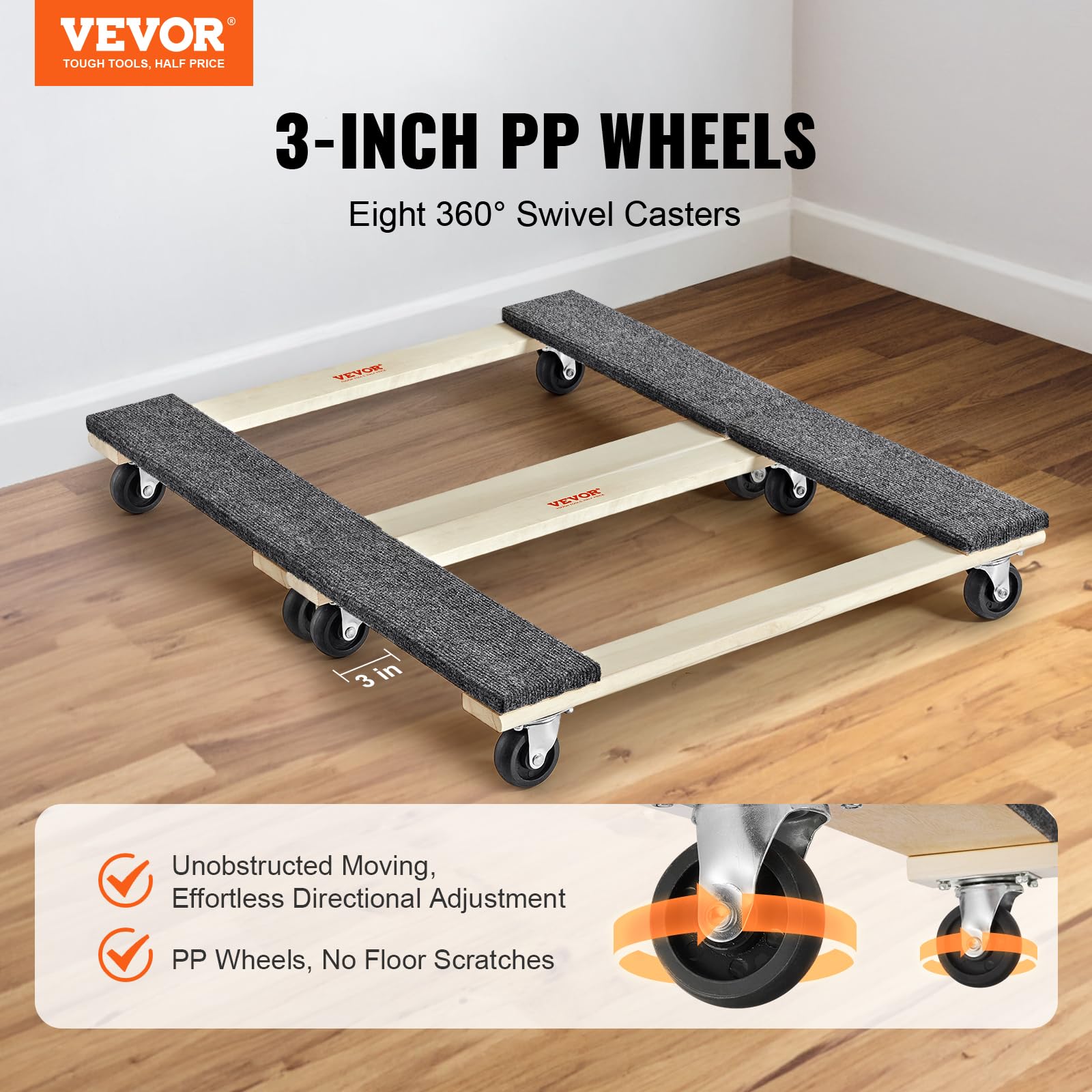 VEVOR Furniture Dolly, 1000 lbs Each Load Capacity, 2 Packs, 18