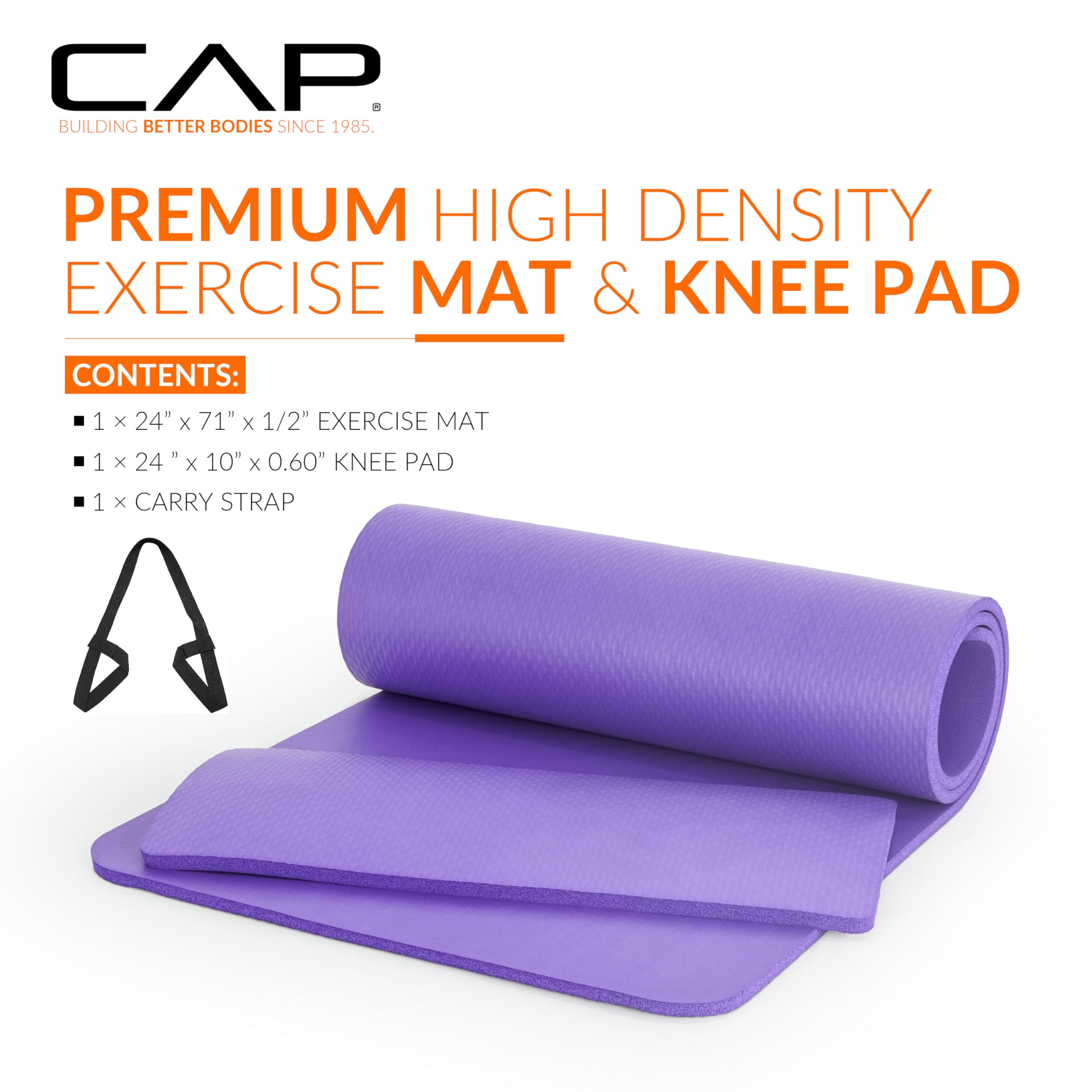 CAP Barbell High Density Exercise Yoga Mat with strap and Knee Pad 71