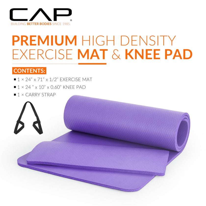 CAP Barbell High Density Exercise Yoga Mat with strap and Knee Pad 71