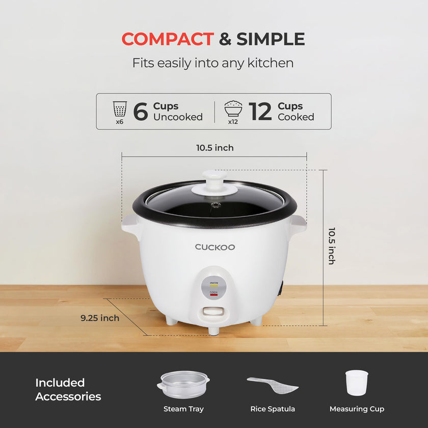 CUCKOO One Touch Rice Cooker 6-Cup (Uncooked) / 12-Cup (Cooked), Small Rice Cooker & Warmer with Steamer Tray, Versatile Grain Cooker, Soup Maker, Auto Keep Warm, White (CR-0601C) 🍁 All In One Marketplace Canada