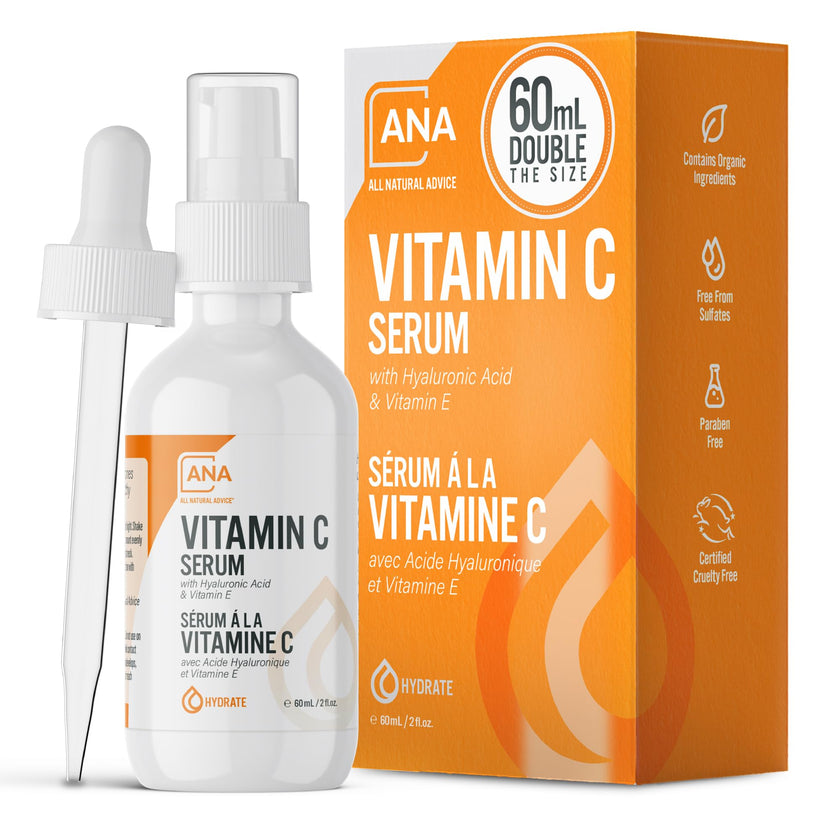 All Natural Advice Vitamin C Serum 60mL | 20% Vitamin C Face Serum Solution with Organic Botanicals, Hyaluronic Acid & Vitamin E | UV-Shielding Glass Bottle, Spray & Dropper | Canadian Skin Care 🍁 All In One Marketplace Canada
