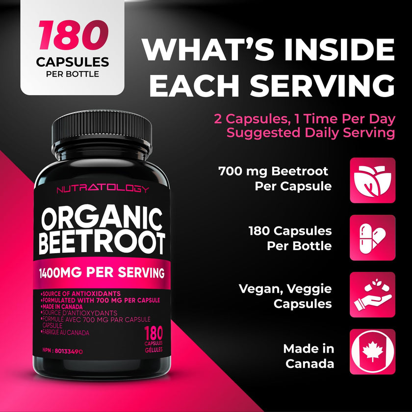 Nutratology® Organic Beetroot Capsules | 1400mg per Daily Serving | 180 Capsules | Canadian Made | Source of Antioxidants | Organic Beet Root Powder 🍁 All In One Marketplace Canada
