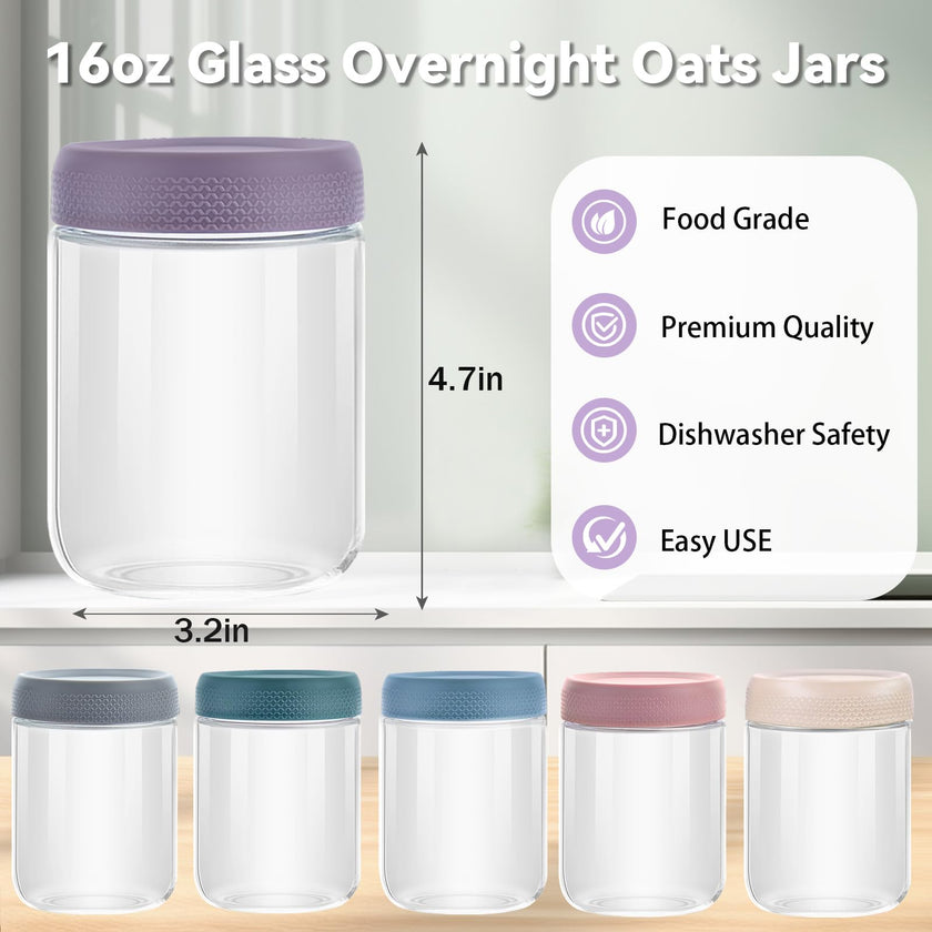 16 OZ Overnight Oats Jar,6 Pack Glass Jar with Lid and Spoon,Reusable Wide Mouth Mason jars for Overnight Oats,Yogurt Snacks Fruit, Salad Dressing, Sauce,Cereal-Leak Proof(500 ml) 🍁 All In One Marketplace Canada
