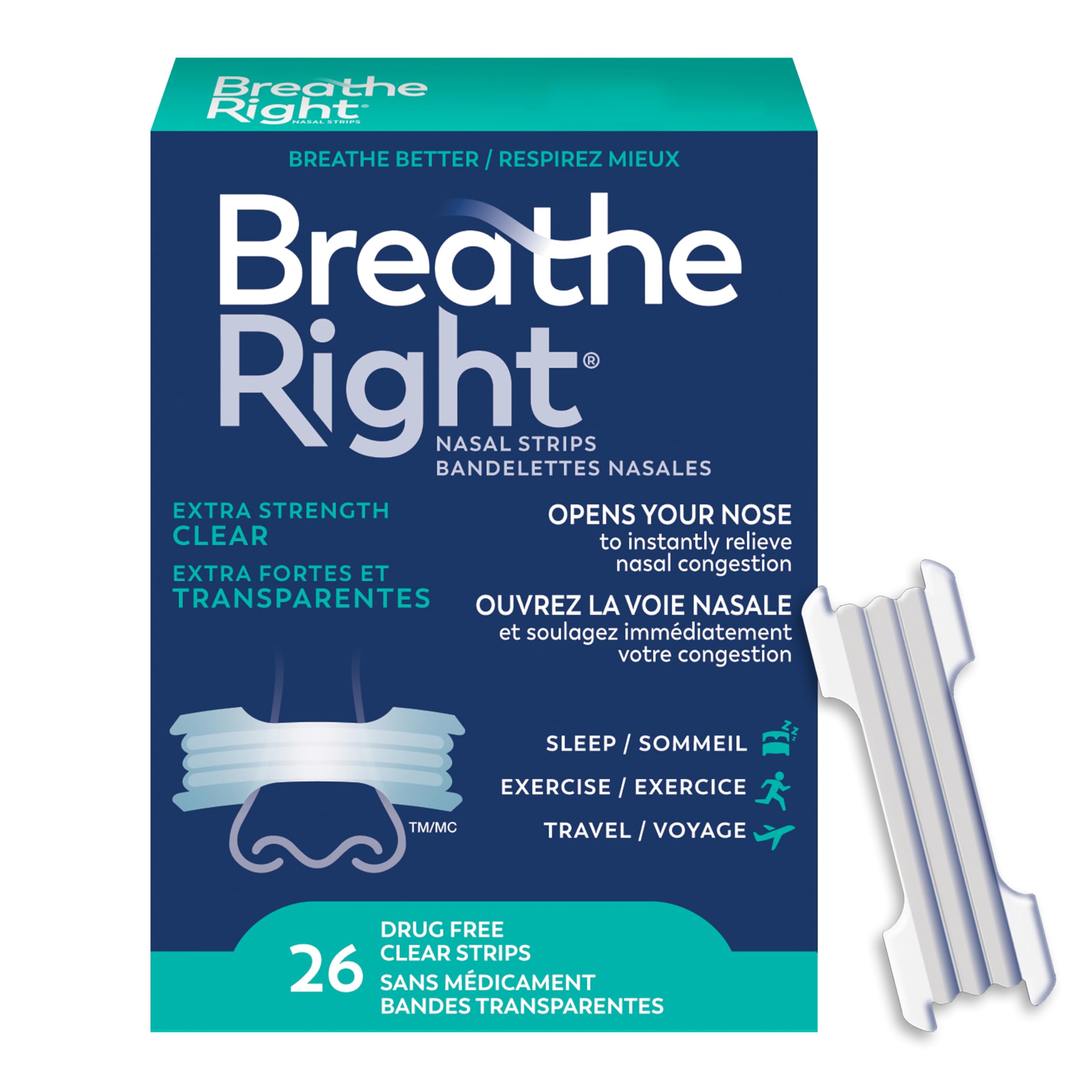Breathe Right Nasal Strips, Extra Strength, Clear, Sensitive Skin, Drug-Free Snoring Solution & Nasal Congestion Relief Caused by Colds & Allergies, Nightly Sleep, 26 Count 🍁 All In One Marketplace Canada