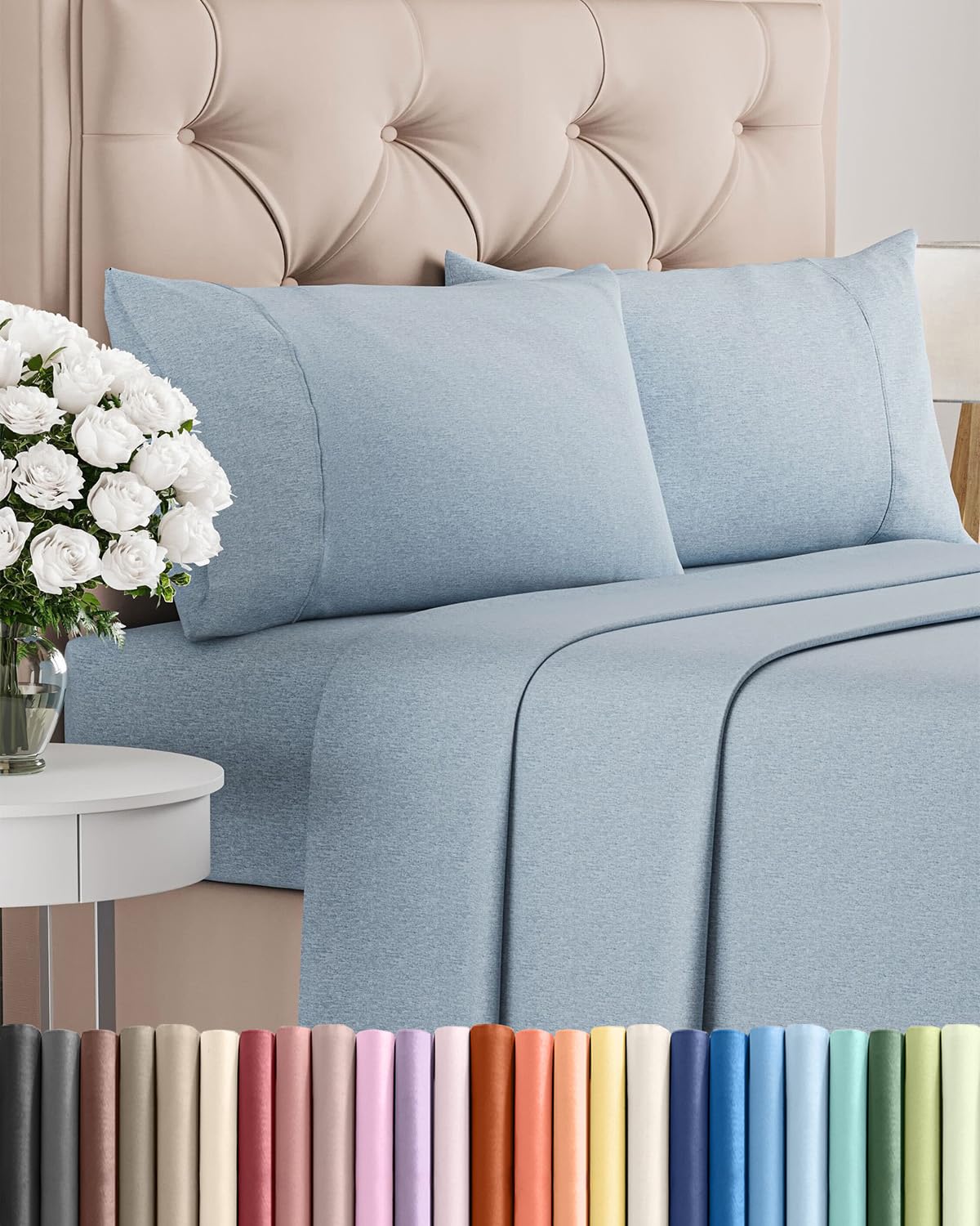 Queen Size 4 Piece Sheet Set - Comfy Breathable & Cooling Sheets - Hotel Luxury Bed Sheets for Women & Men - Deep Pockets, Easy-Fit, Soft & Wrinkle Free Sheets - Heathered Blue Oeko-Tex Bed Sheet Set 🍁 All In One Marketplace Canada