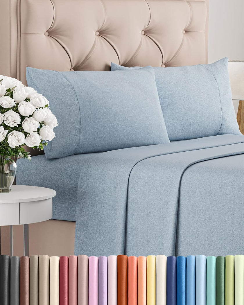 Queen Size 4 Piece Sheet Set - Comfy Breathable & Cooling Sheets - Hotel Luxury Bed Sheets for Women & Men - Deep Pockets, Easy-Fit, Soft & Wrinkle Free Sheets - Heathered Blue Oeko-Tex Bed Sheet Set 🍁 All In One Marketplace Canada