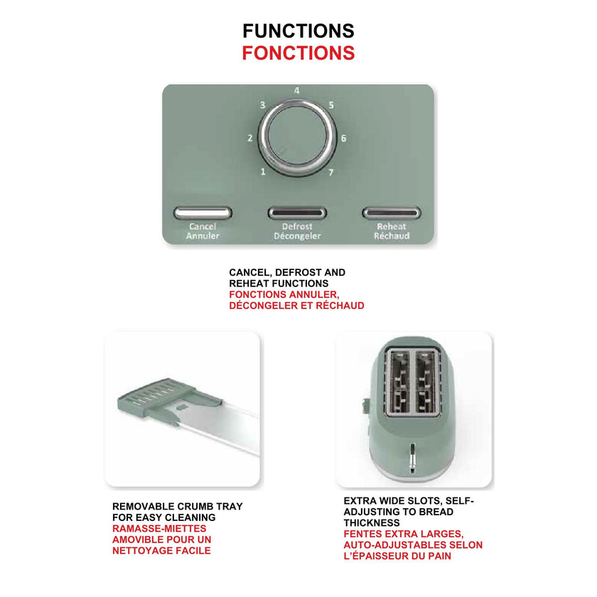 Starfrit 2-Slice Toaster – 7 Adjustable Browning Levels – Removable Tray – 850W - Sage 🍁 All In One Marketplace Canada