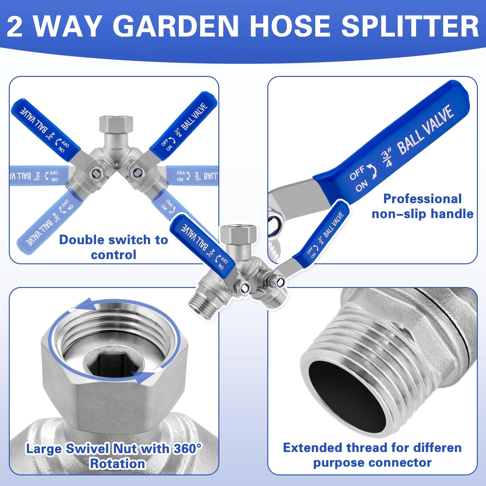 Garden Hose Splitter 2 Way, 304 Stainless Steel Heavy Duty Water Hose Splitter with Long Handle, 3/4