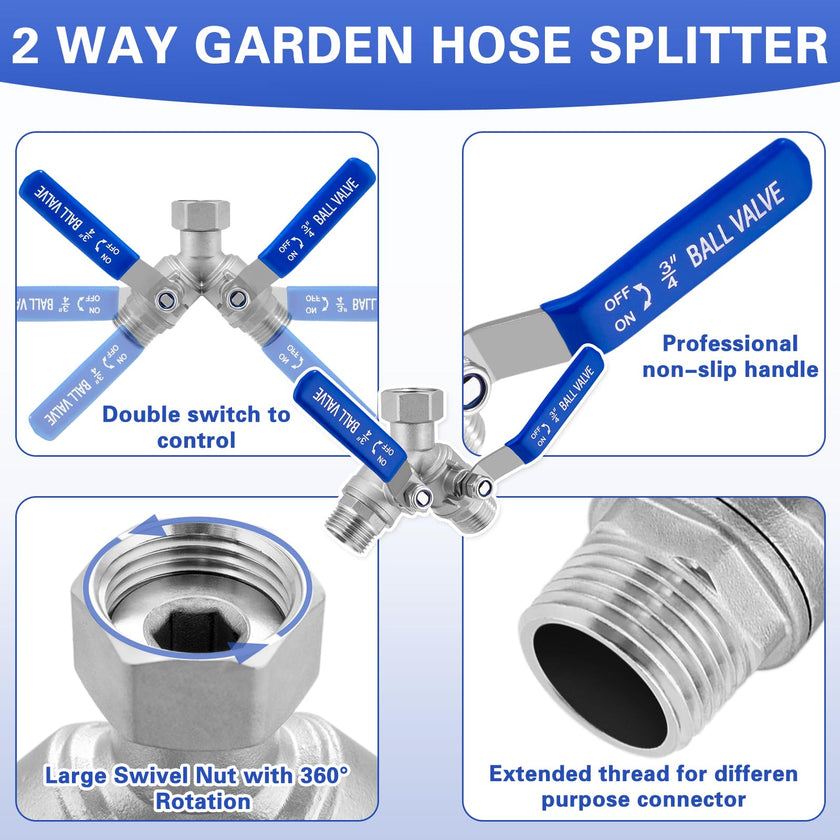 Garden Hose Splitter 2 Way, 304 Stainless Steel Heavy Duty Water Hose Splitter with Long Handle, 3/4
