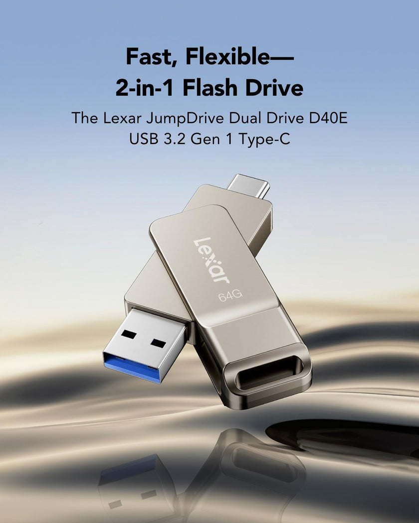 Lexar D40E 64GB Dual USB 3.2 Gen 1 Type-C Jump Drive, USB-C Flash Metal Housing Swivel Design Thumb Drive (Champagne Silver) 🍁 All In One Marketplace Canada