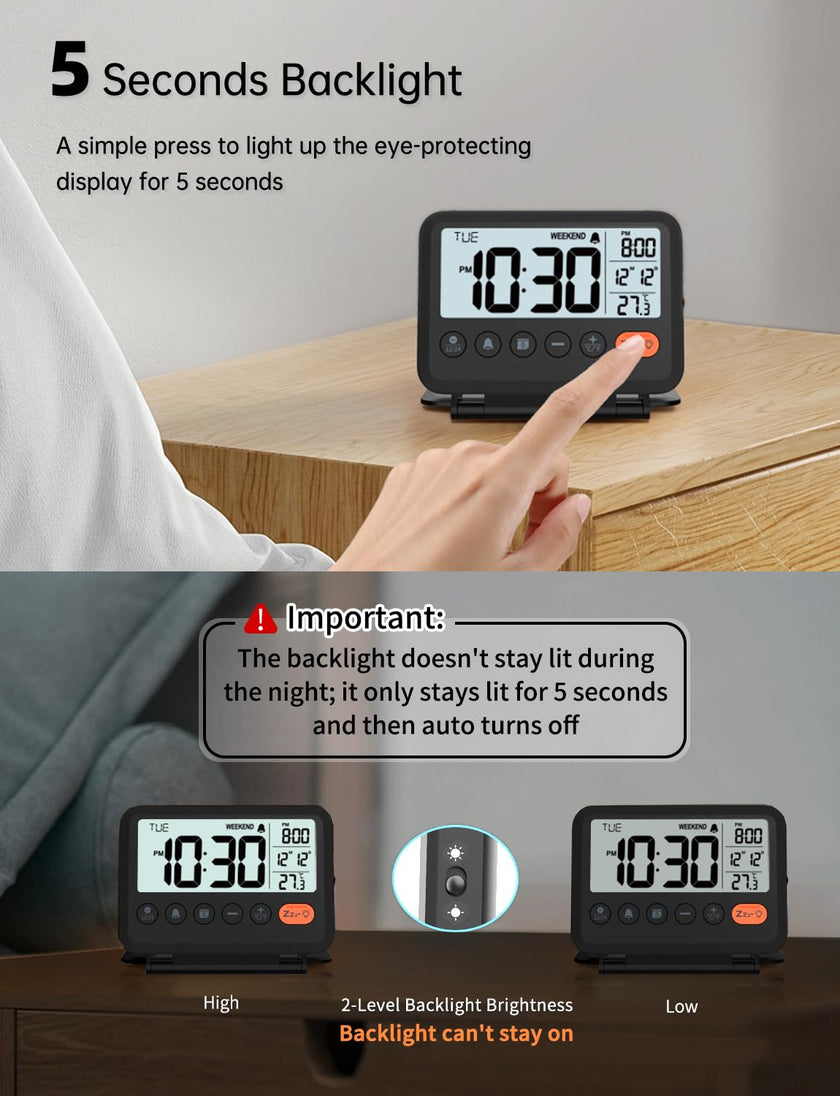 MeesMeek Digital Travel Alarm Clock: Small Bedside LCD Clock with Date Temperature Snooze Backlight 12/24H Weekend Mode and 2 Volume, Desk Clock for Kids Office Bedroom, Battery Included (Black) 🍁 All In One Marketplace Canada