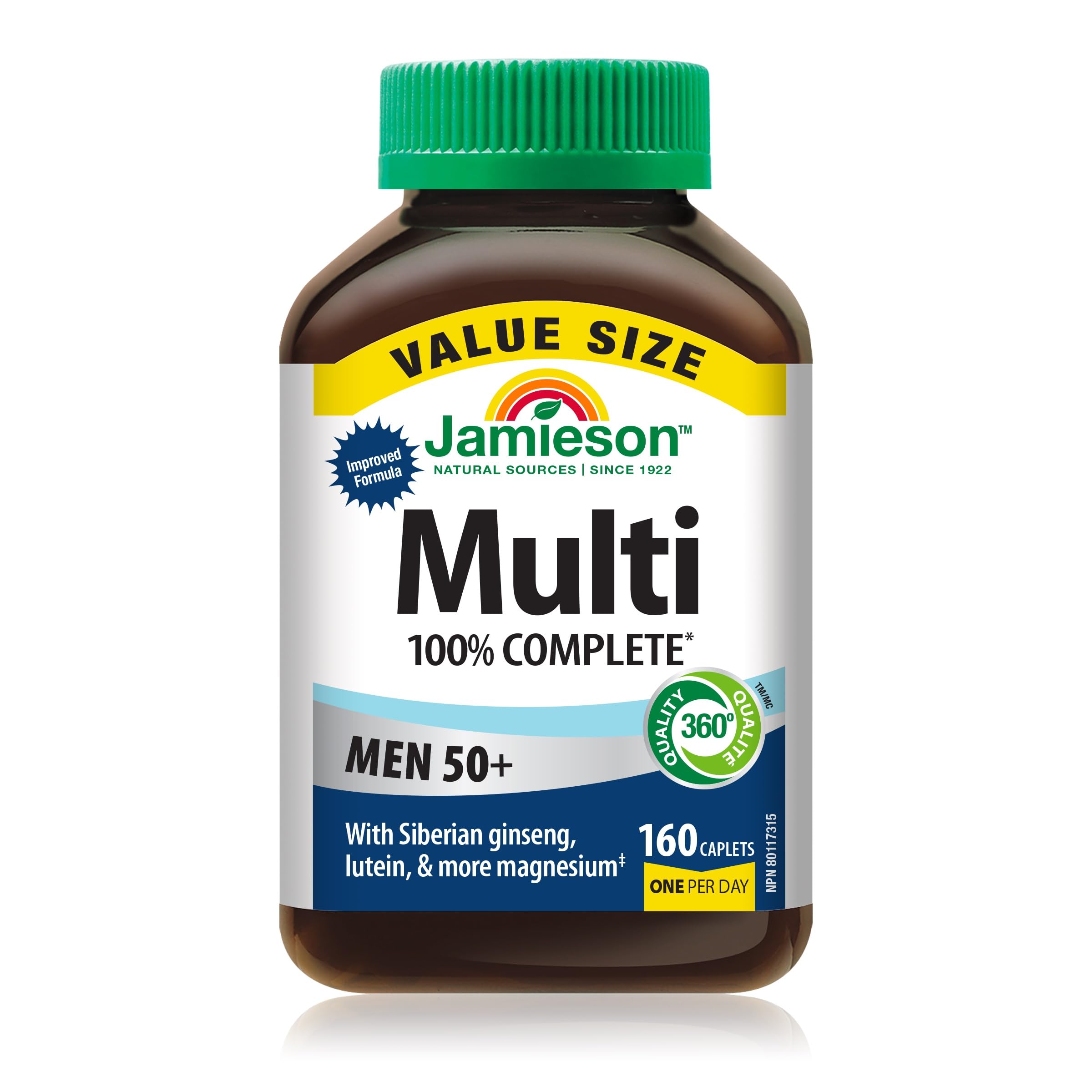Jamieson 100% Complete Multivitamin For Men 50+, with Siberian Ginseng, Lutein, and More Magnesium. Supports Immunity, Energy, Overall Health, Eye Support, and Bone Health, Gluten-Free, One Per Day, 160 Caplets 🍁 All In One Marketplace Canada