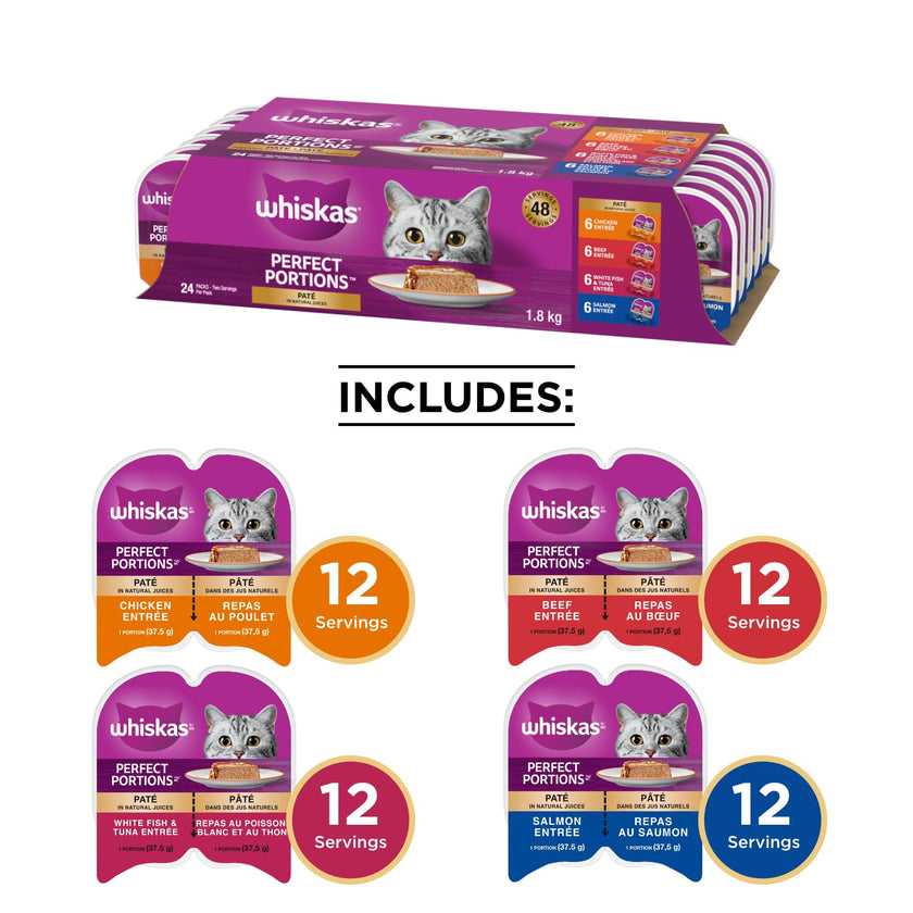 WHISKAS Perfect Portions Adult Wet Cat Food Paté - Chicken, Beef, Whitefish and Tuna, Salmon, 75g Trays (24 pack) 🍁 All In One Marketplace Canada