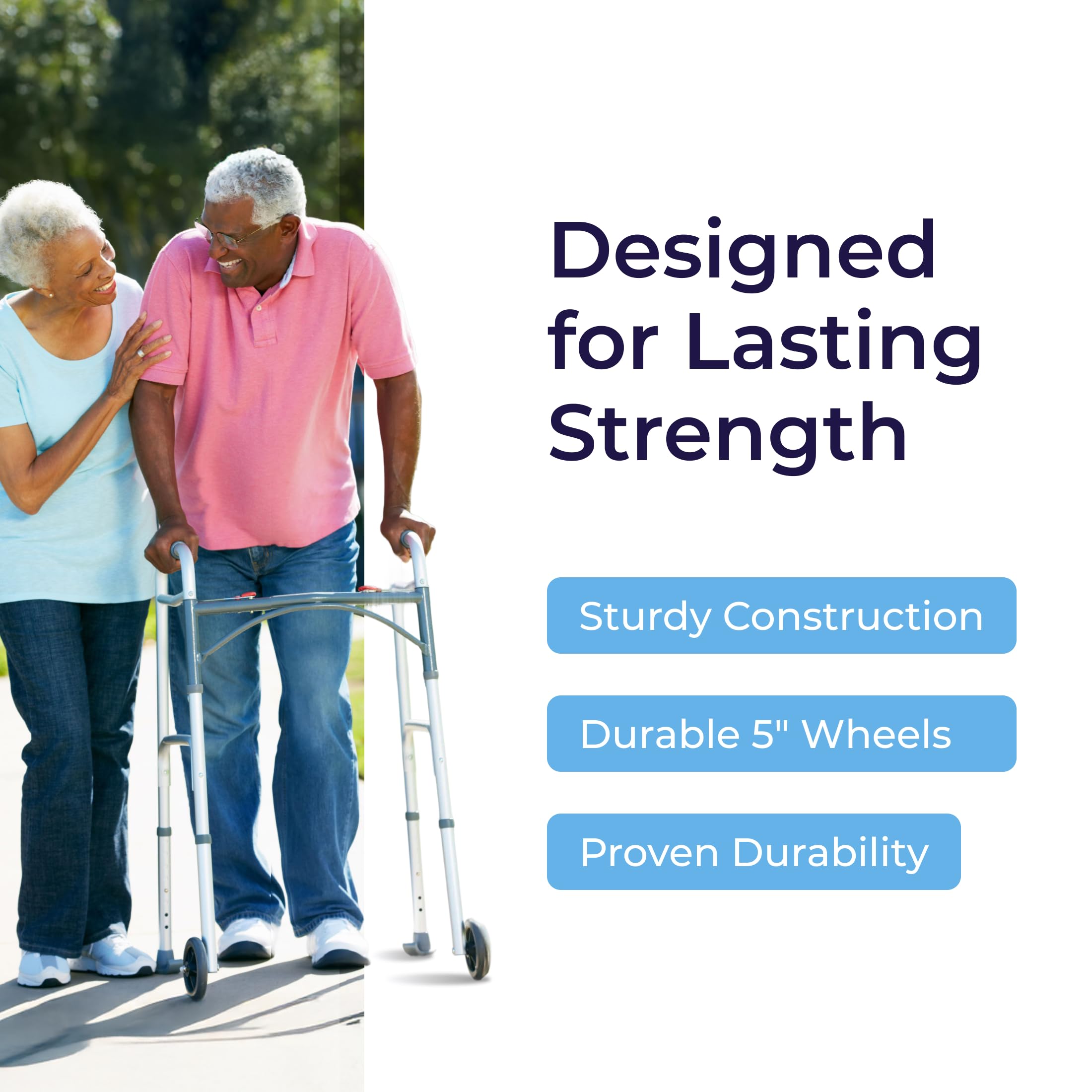 Drive Medical Two-Button Folding Walker w/ Wheels - Lightweight Rolling Mobility Support - Desk Arms - Adjustable Height - Dual Push-Button Operation - 5 Inch Front Wheels - Durable Aluminum - Silver 🍁 All In One Marketplace Canada