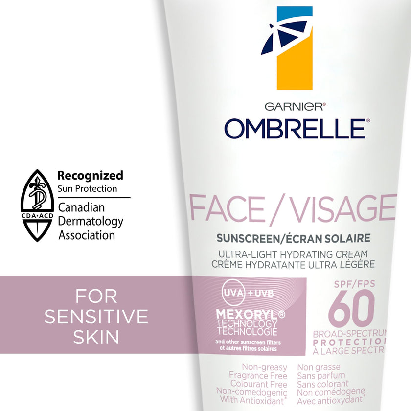 Garnier Ombrelle Ultra Light Face Sunscreen Lotion SPF 60, Broad Spectrum UVA/UVB Very High Protection, For Sensitive Skin, Travel size, Non-Greasy, Non-Sticky, Water Resistant, 75ml 🍁 All In One Marketplace Canada