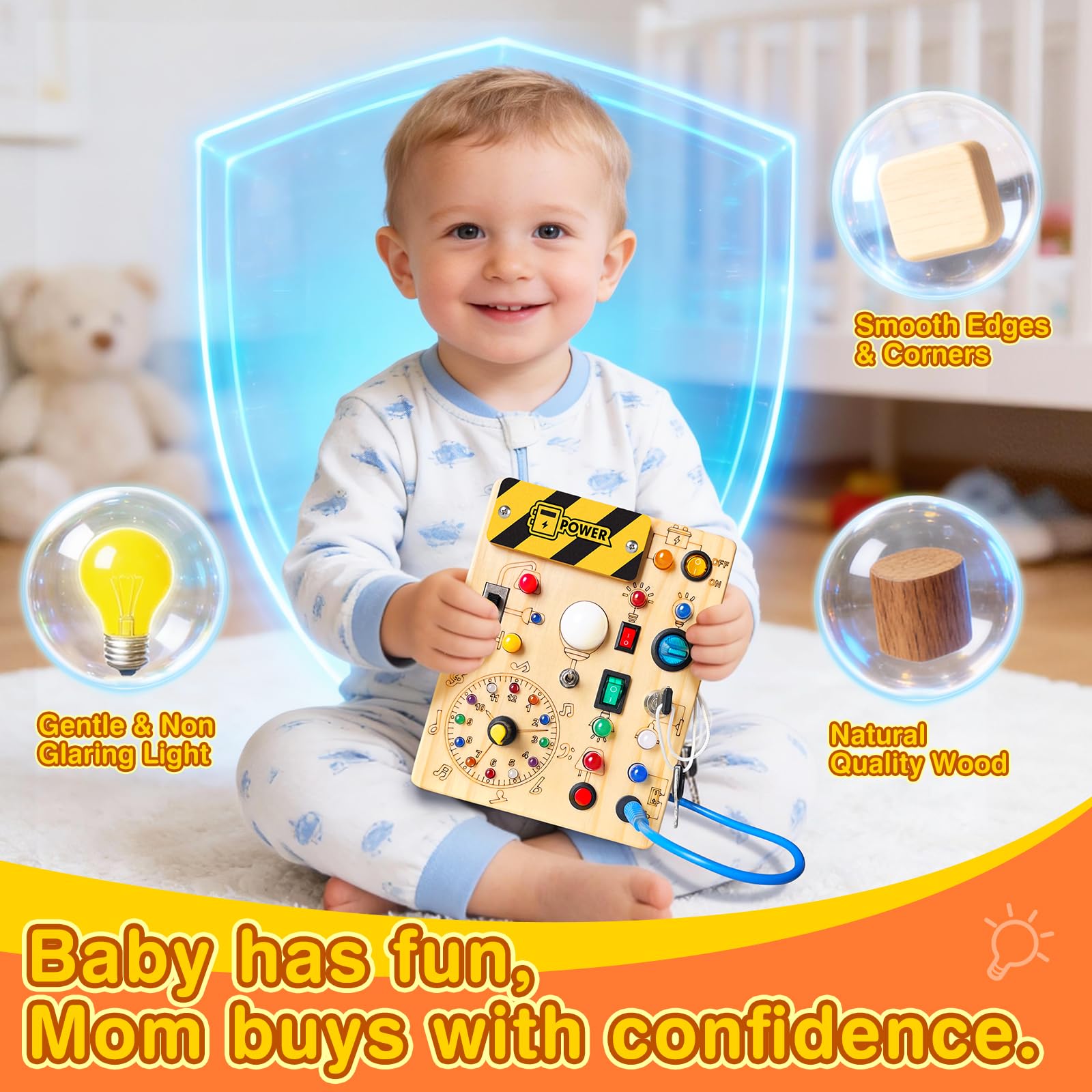 Busy Board Plus Version with 23 LED Lights, Montessori Sensory Fidget Toys for Toddlers 1-3, Wooden Educational Activity for Fine Motor Skills, Quiet Airplane Travel Must Haves for 1 2 3+ Year Old 🍁 All In One Marketplace Canada