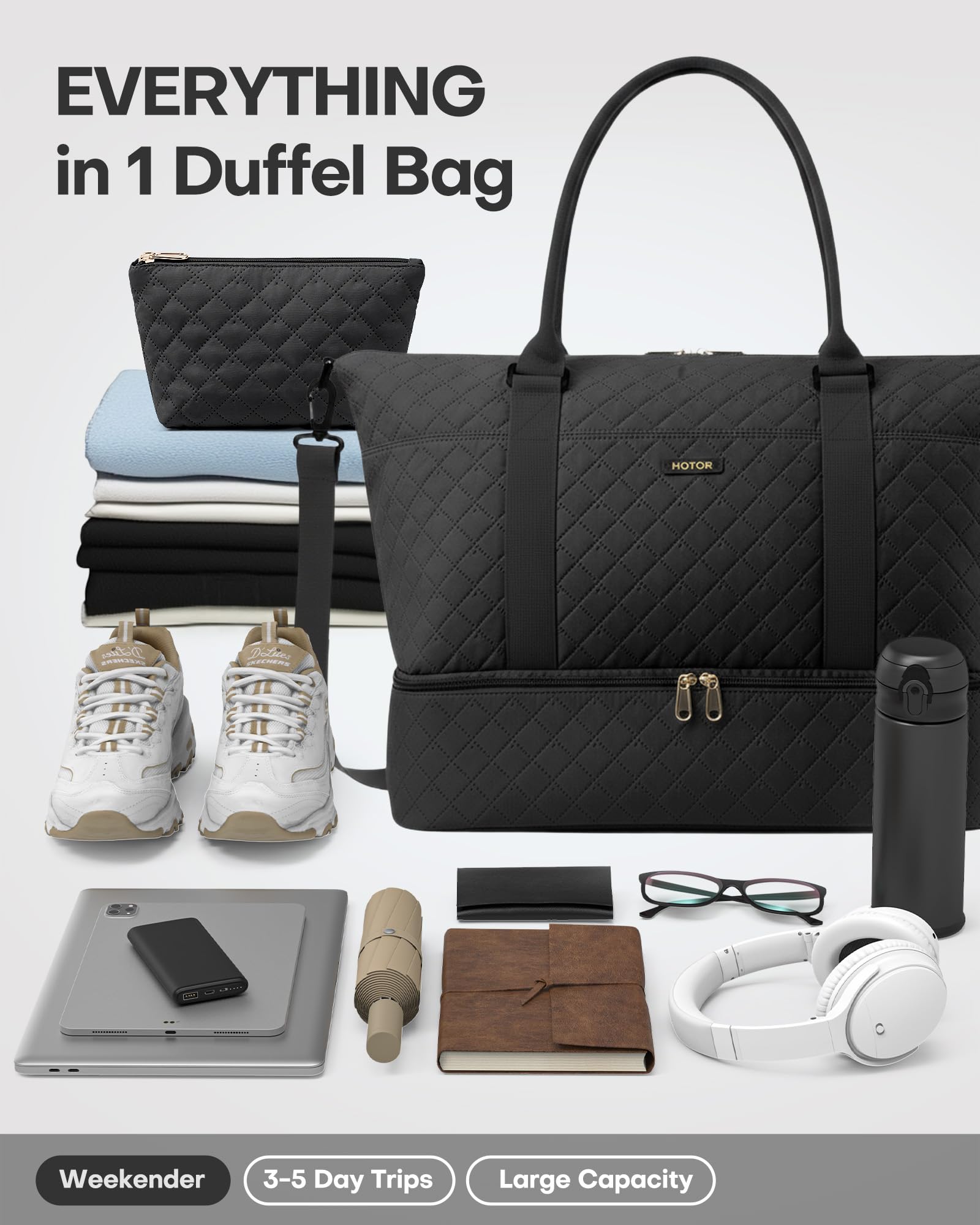 HOTOR Travel Duffel Bag - Large Weekender Bags for Women, Carry On Bag with Shoe Compartment, Overnight Bag with Toiletry Bag for Travel Essentials and Travel Accessories, Black, 34.0 x 45.0 x 20.0 cm 🍁 All In One Marketplace Canada