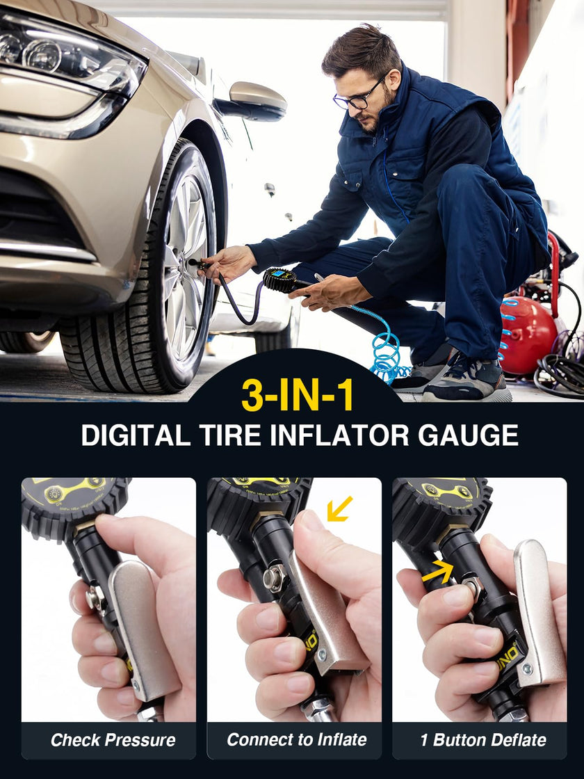 AZUNO Digital Tire Inflator with Pressure Gauge, 200 PSI, Heavy Duty Air Compressor Accessories, w/Rubber Hose Lock on Air Chuck and Quick Connect Coupler (Standard) 🍁 All In One Marketplace Canada